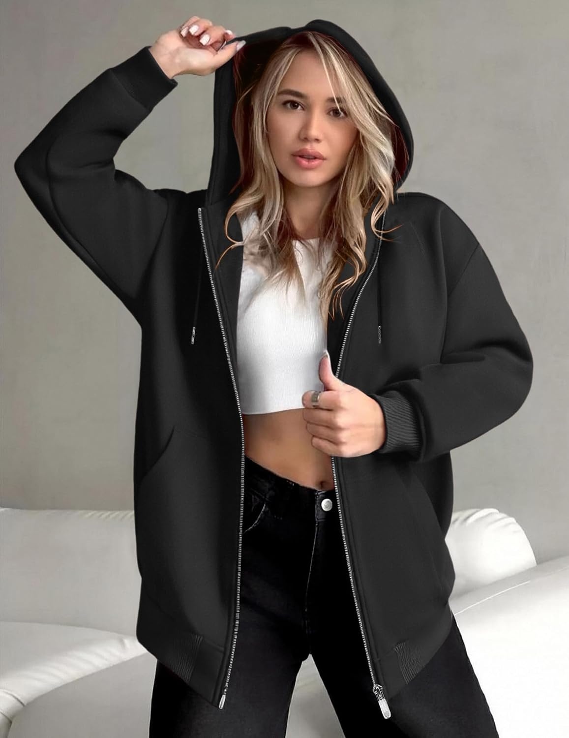 image:imageZEAGOO Hoodies Women Zip Up Hoodie Oversized Sweatshirt Fleece Jackets Spring Fall Winter Coats 2026 FashionAblack