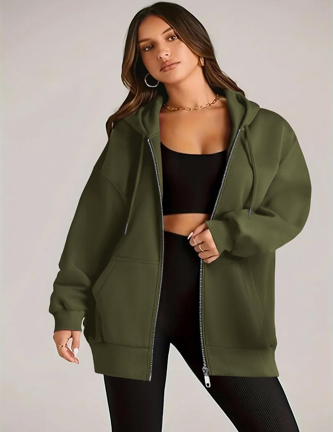 image:imageZEAGOO Hoodies Women Zip Up Hoodie Oversized Sweatshirt Fleece Jackets Spring Fall Winter Coats 2026 FashionArmy Green