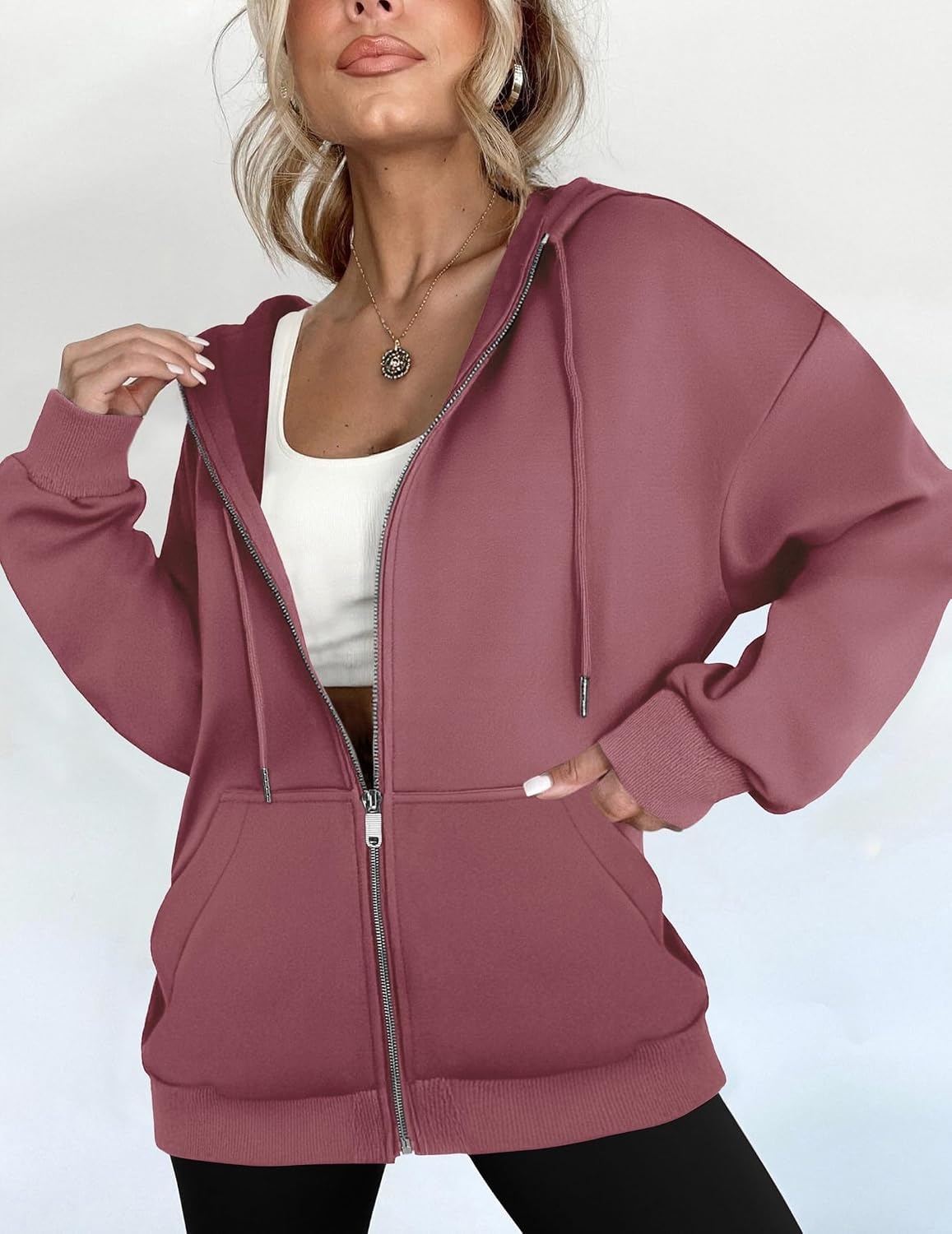image:imageZEAGOO Hoodies Women Zip Up Hoodie Oversized Sweatshirt Fleece Jackets Spring Fall Winter Coats 2026 FashionDusty Pink