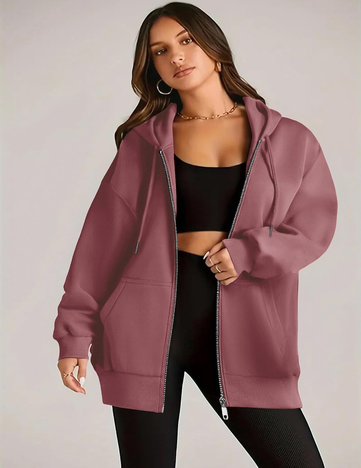 image:imageZEAGOO Hoodies Women Zip Up Hoodie Oversized Sweatshirt Fleece Jackets Spring Fall Winter Coats 2026 FashionDusty Pink