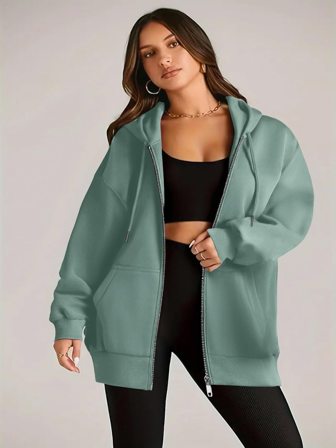 image:imageZEAGOO Hoodies Women Zip Up Hoodie Oversized Sweatshirt Fleece Jackets Spring Fall Winter Coats 2026 FashionGreen