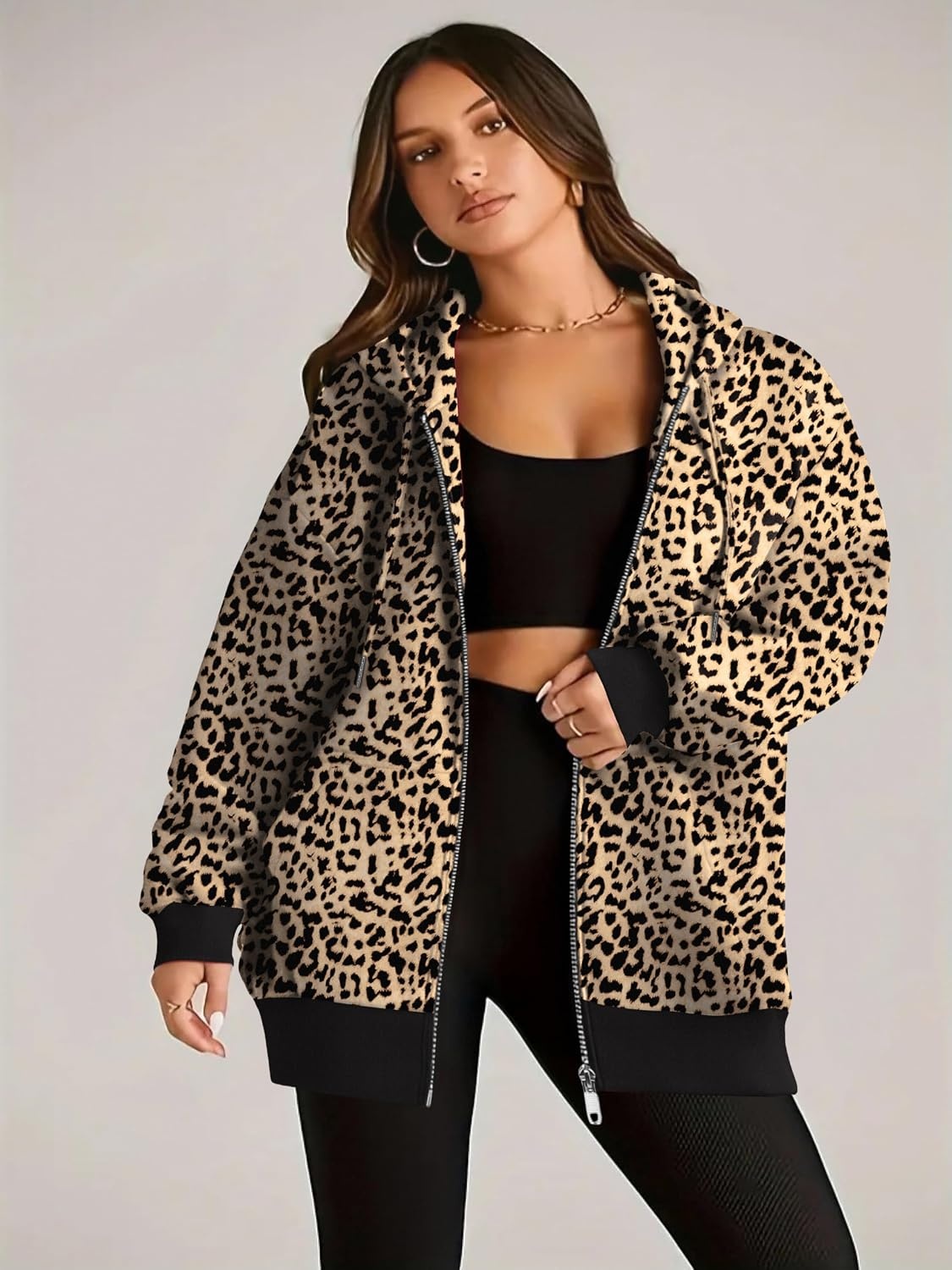 image:imageZEAGOO Hoodies Women Zip Up Hoodie Oversized Sweatshirt Fleece Jackets Spring Fall Winter Coats 2026 FashionLeopard Print