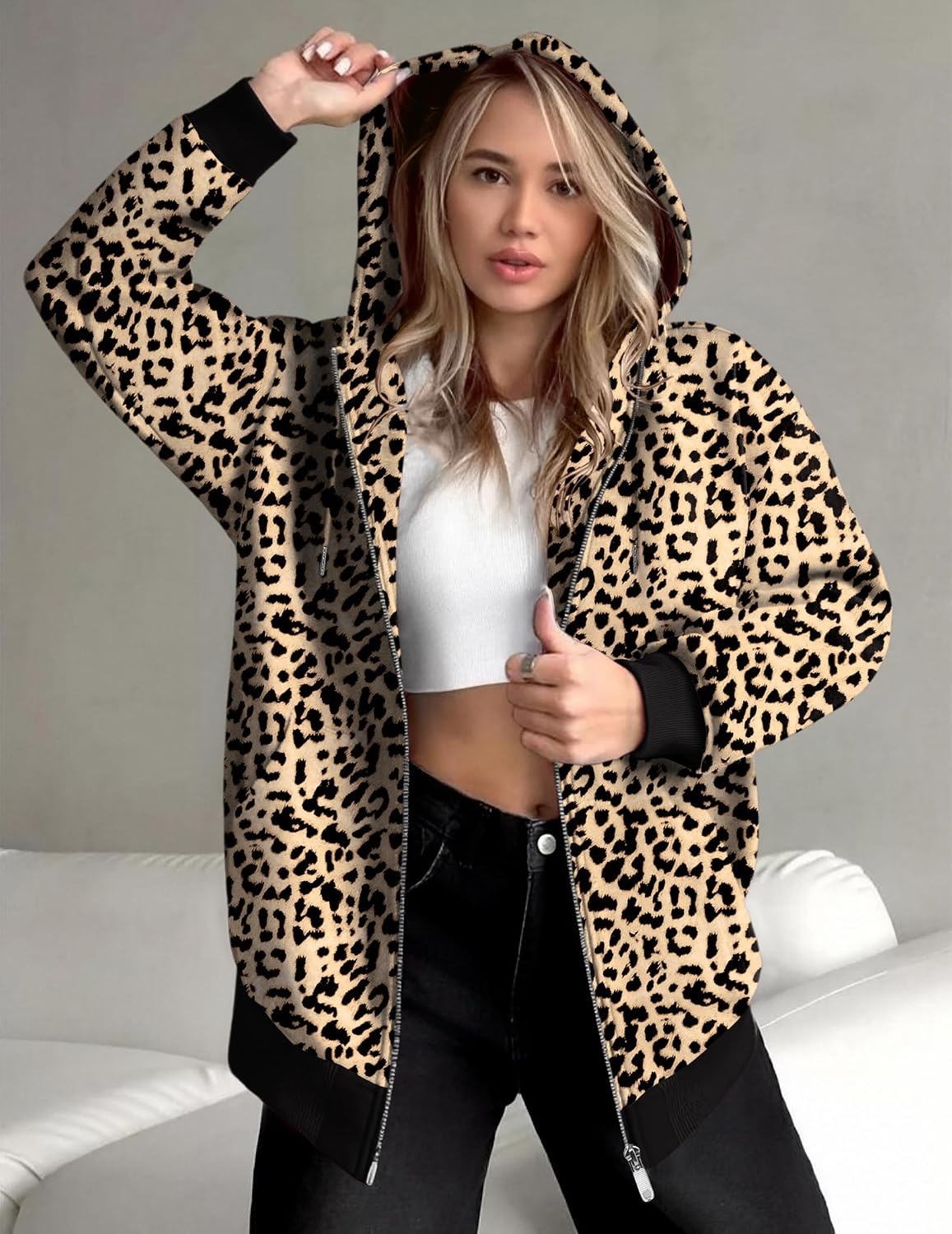 image:imageZEAGOO Hoodies Women Zip Up Hoodie Oversized Sweatshirt Fleece Jackets Spring Fall Winter Coats 2026 FashionLeopard Print