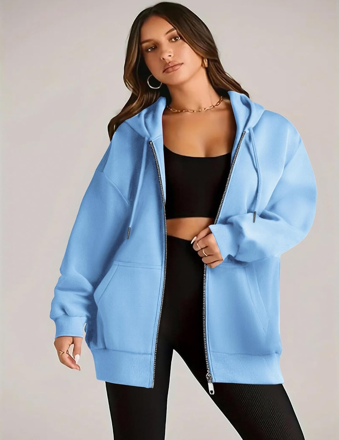 image:imageZEAGOO Hoodies Women Zip Up Hoodie Oversized Sweatshirt Fleece Jackets Spring Fall Winter Coats 2026 FashionLight Blue