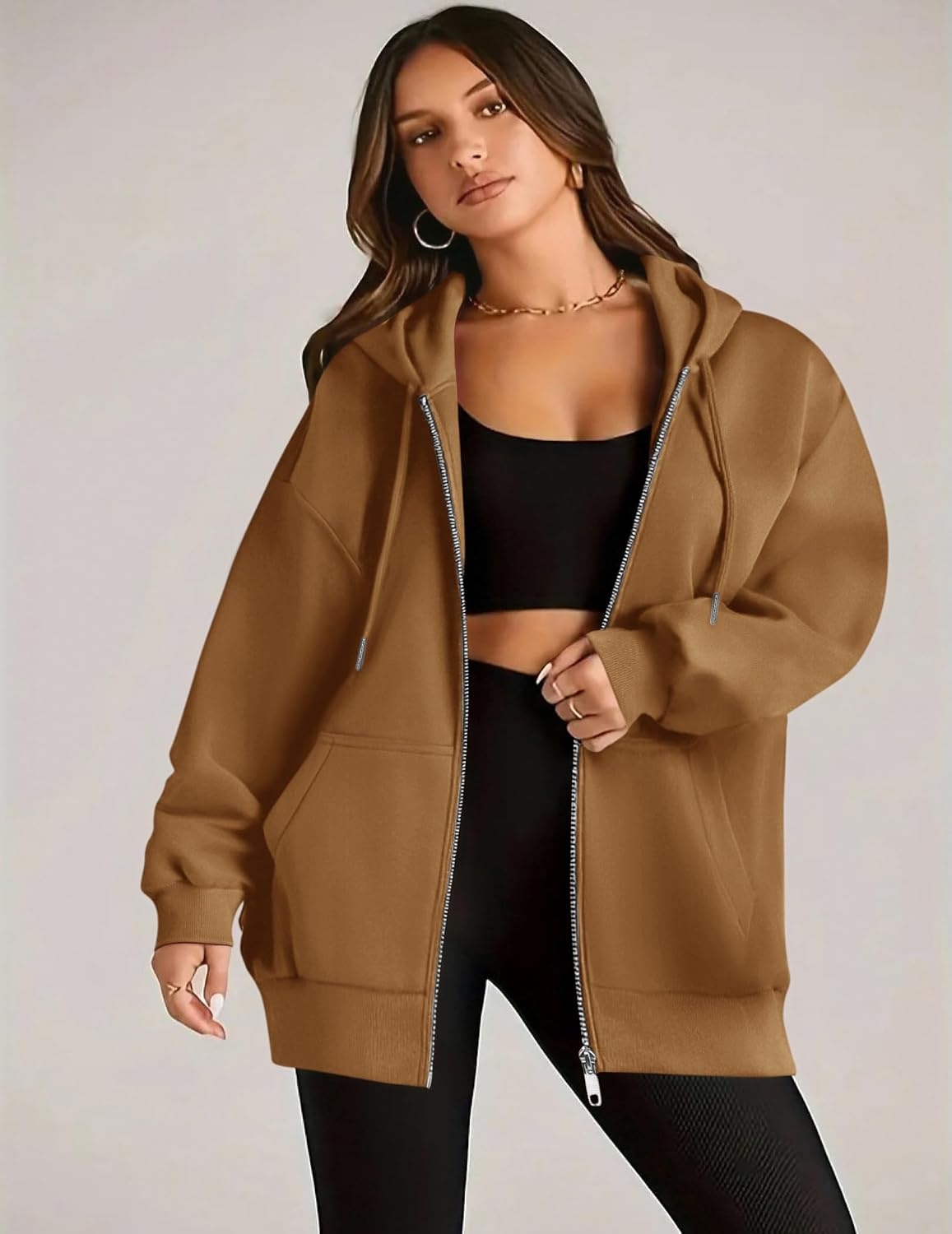 image:imageZEAGOO Hoodies Women Zip Up Hoodie Oversized Sweatshirt Fleece Jackets Spring Fall Winter Coats 2026 FashionLight Brown Color