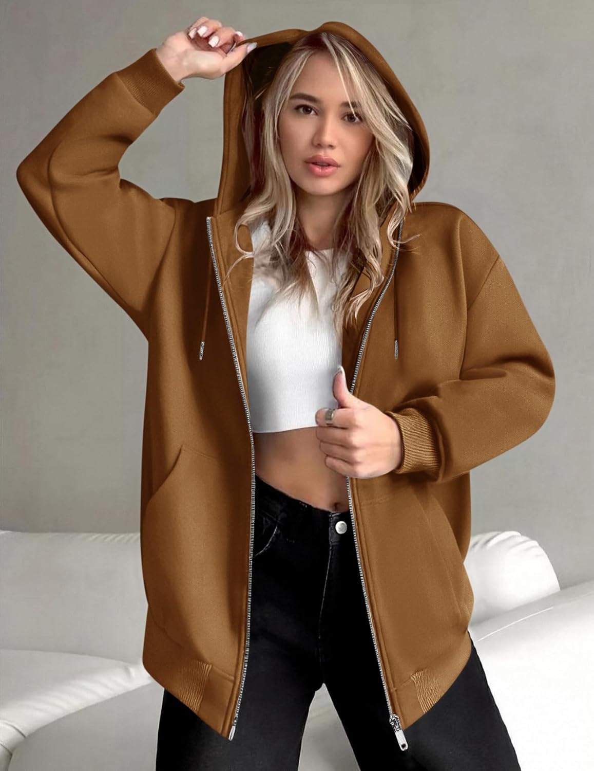 image:imageZEAGOO Hoodies Women Zip Up Hoodie Oversized Sweatshirt Fleece Jackets Spring Fall Winter Coats 2026 FashionLight Brown Color