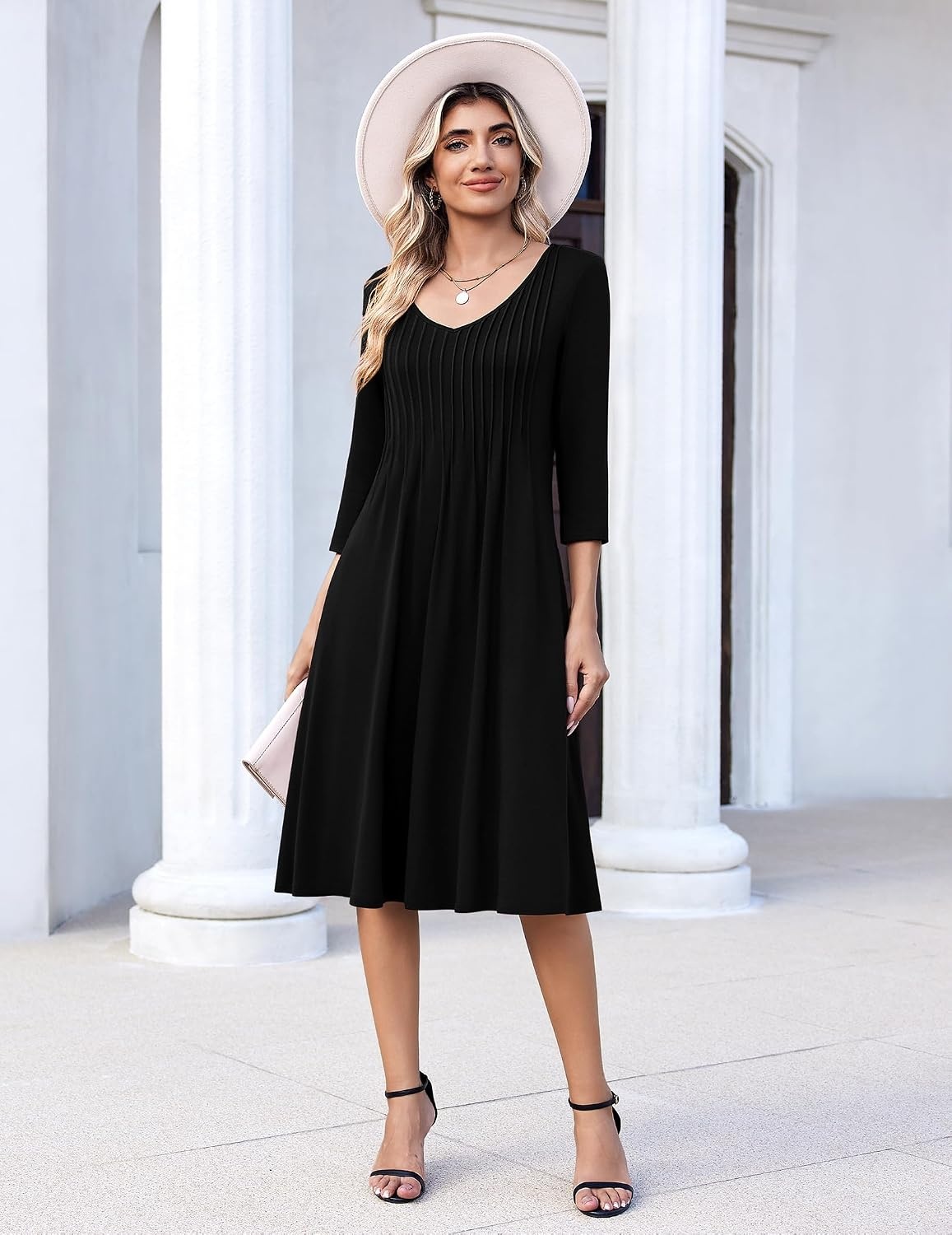image:imageZeagoo 34 Sleeve Womens Dress Pleated Midi Casual Dresses with PocketsBlack