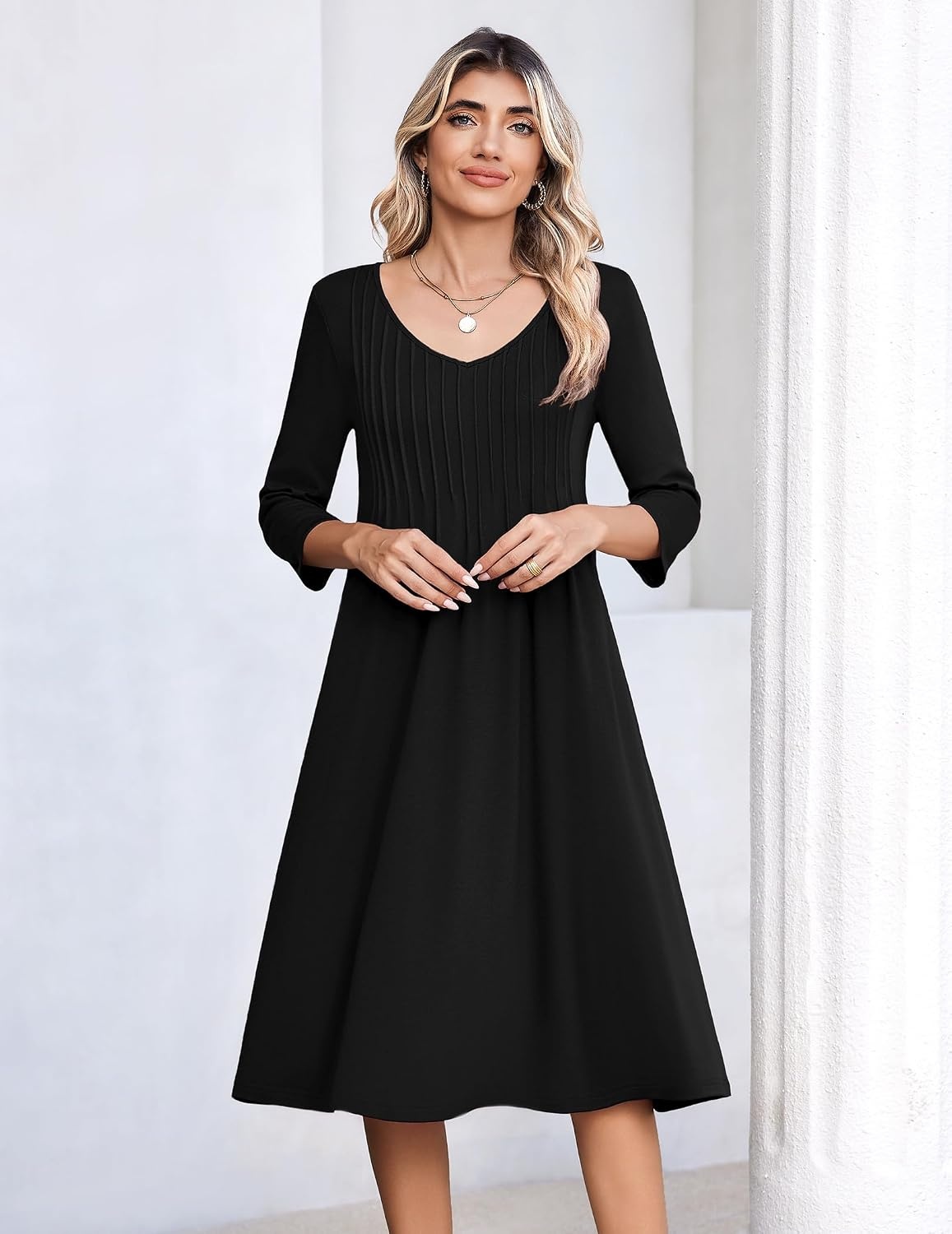 image:imageZeagoo 34 Sleeve Womens Dress Pleated Midi Casual Dresses with PocketsBlack