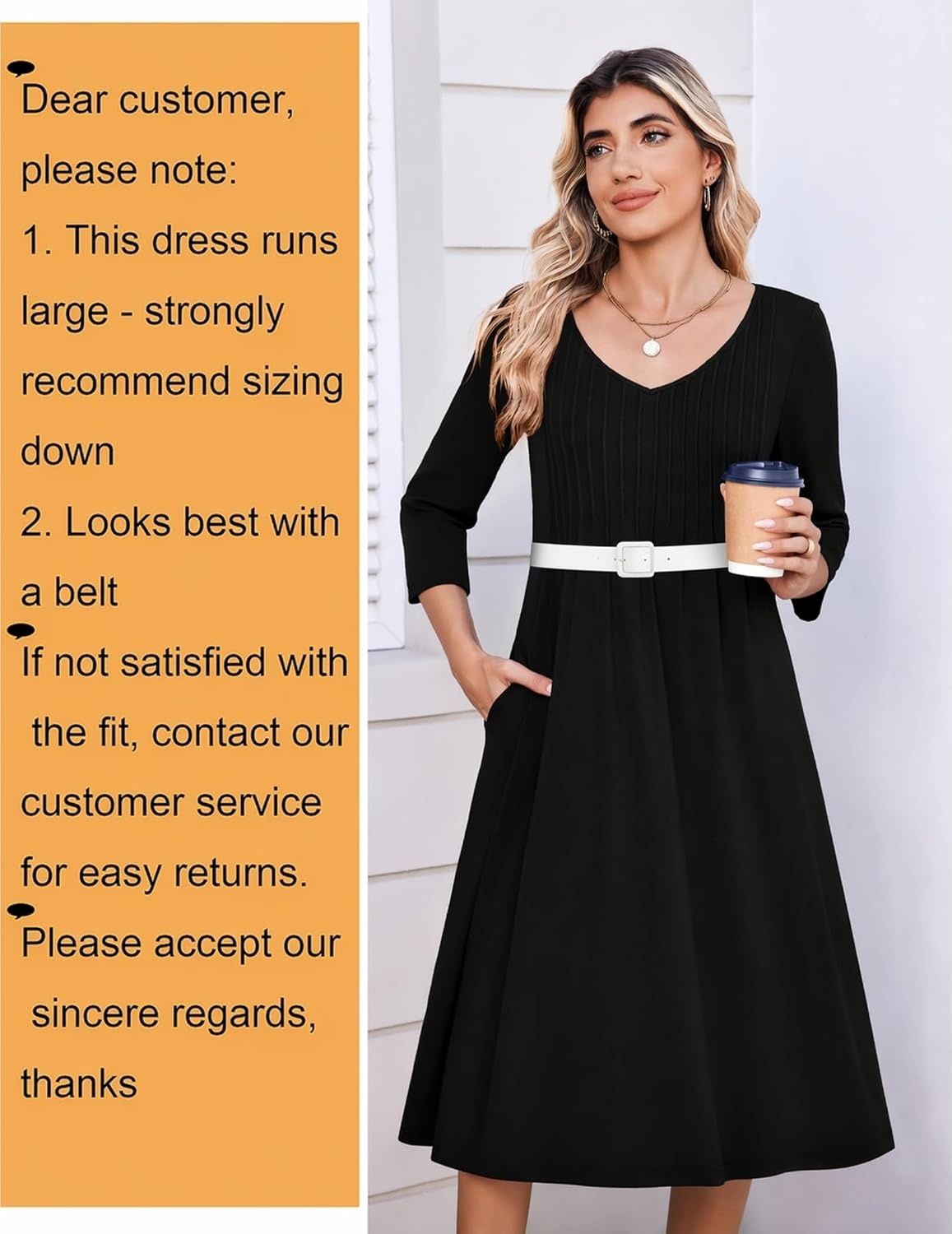 image:imageZeagoo 34 Sleeve Womens Dress Pleated Midi Casual Dresses with PocketsBlack