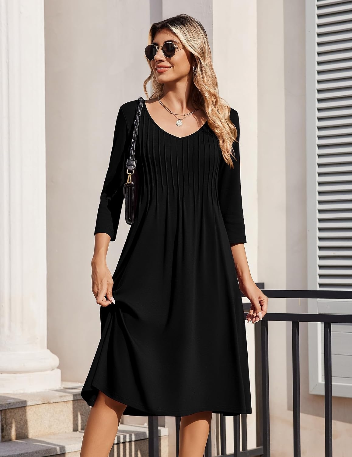 image:imageZeagoo 34 Sleeve Womens Dress Pleated Midi Casual Dresses with PocketsBlack