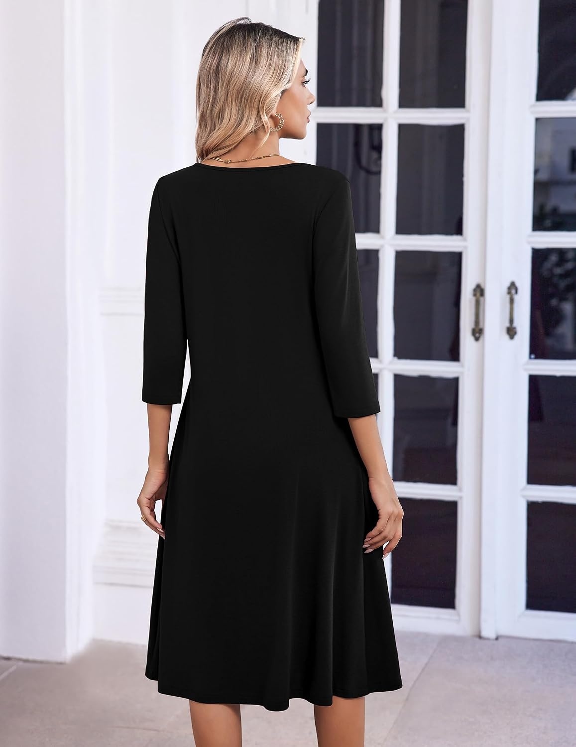 image:imageZeagoo 34 Sleeve Womens Dress Pleated Midi Casual Dresses with PocketsBlack