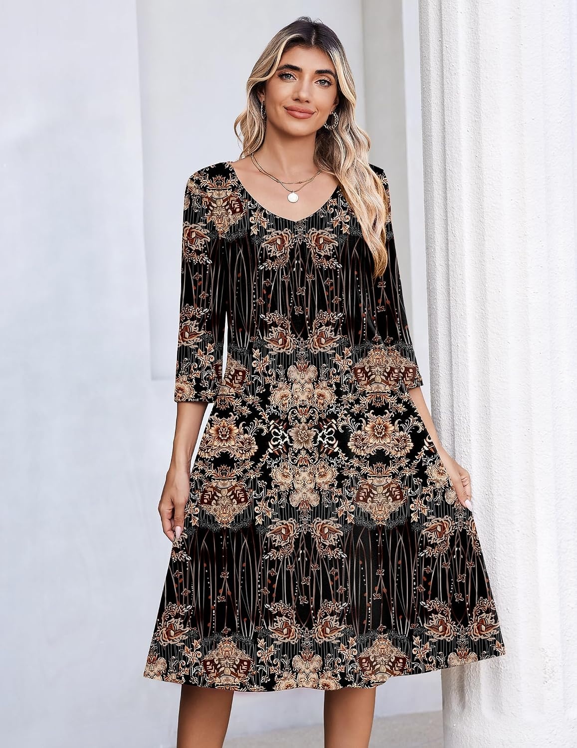 image:imageZeagoo 34 Sleeve Womens Dress Pleated Midi Casual Dresses with PocketsBlack Printed