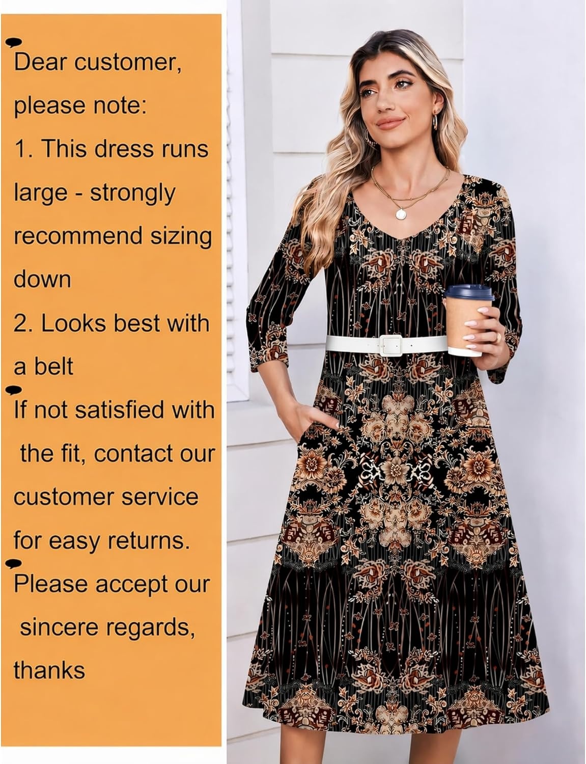 image:imageZeagoo 34 Sleeve Womens Dress Pleated Midi Casual Dresses with PocketsBlack Printed