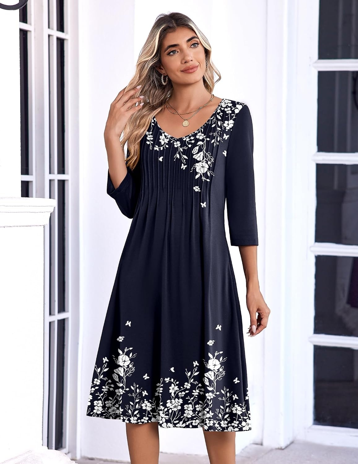 image:imageZeagoo 34 Sleeve Womens Dress Pleated Midi Casual Dresses with PocketsBlue Print