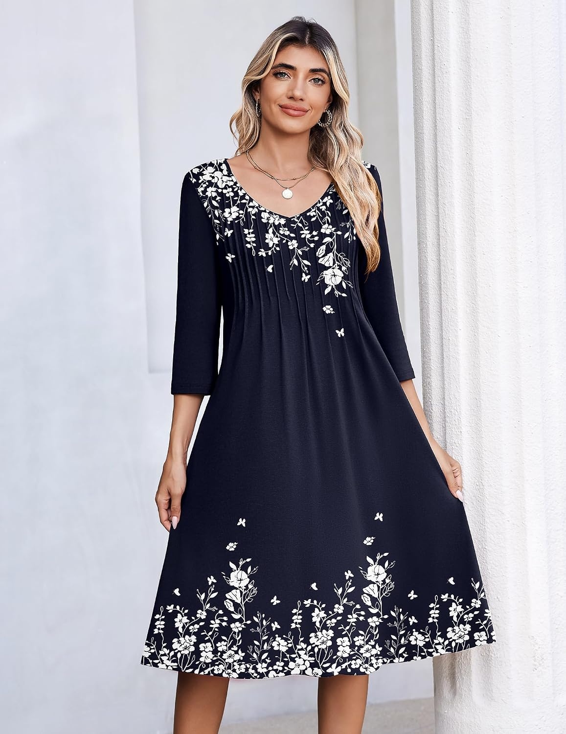 image:imageZeagoo 34 Sleeve Womens Dress Pleated Midi Casual Dresses with PocketsBlue Print
