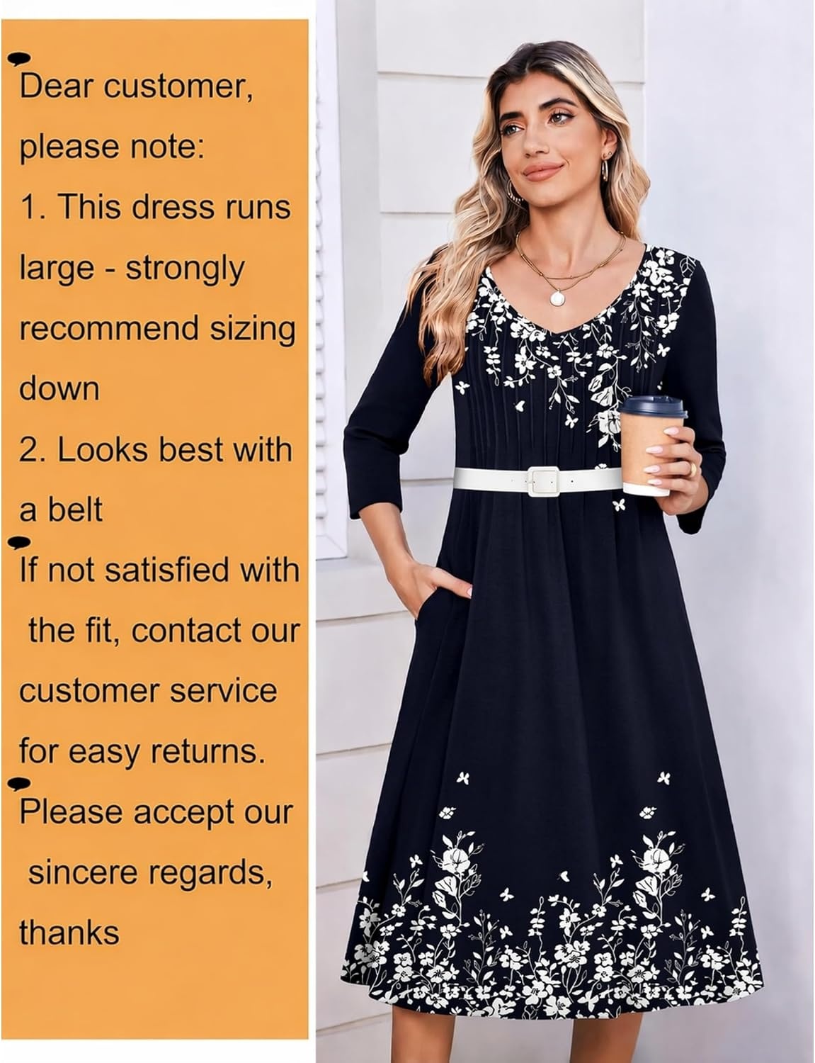 image:imageZeagoo 34 Sleeve Womens Dress Pleated Midi Casual Dresses with PocketsBlue Print
