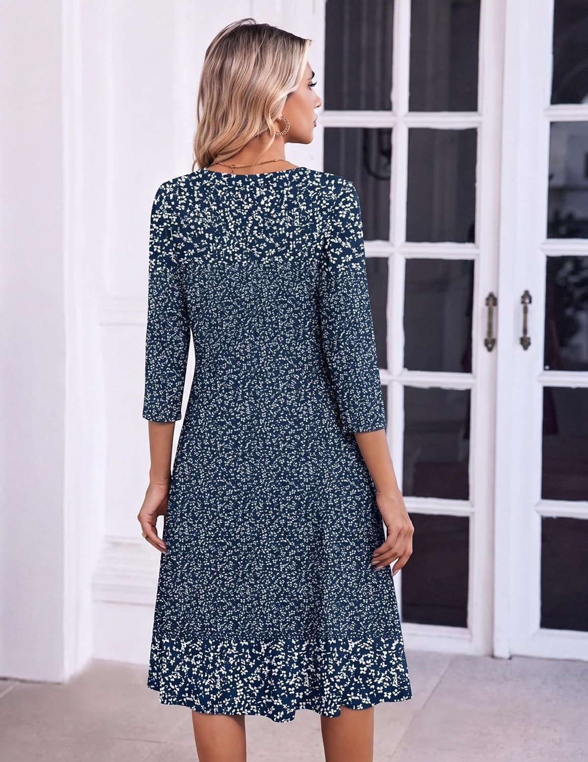 image:imageZeagoo 34 Sleeve Womens Dress Pleated Midi Casual Dresses with PocketsBlue Small Floral