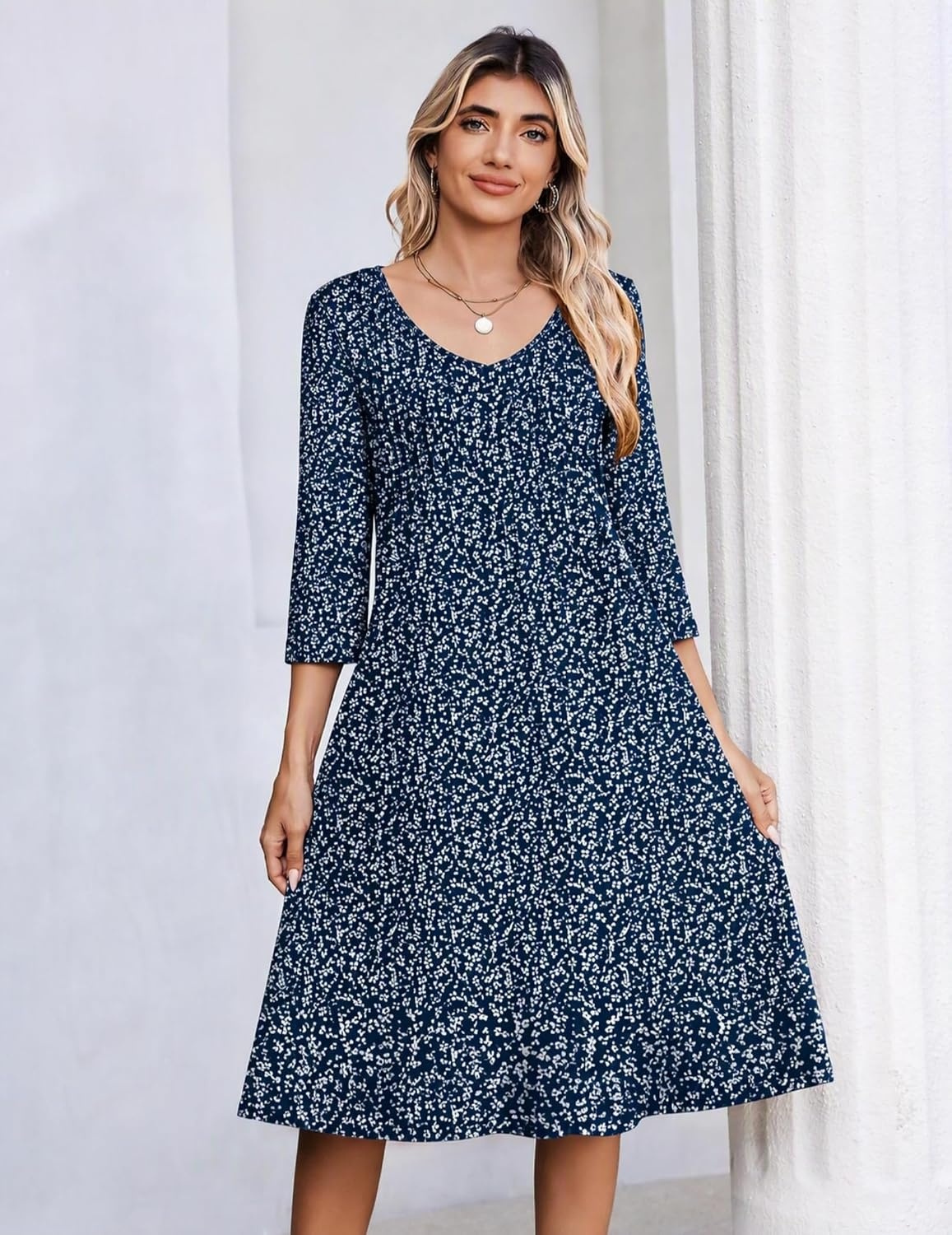 image:imageZeagoo 34 Sleeve Womens Dress Pleated Midi Casual Dresses with PocketsBlue Small Floral