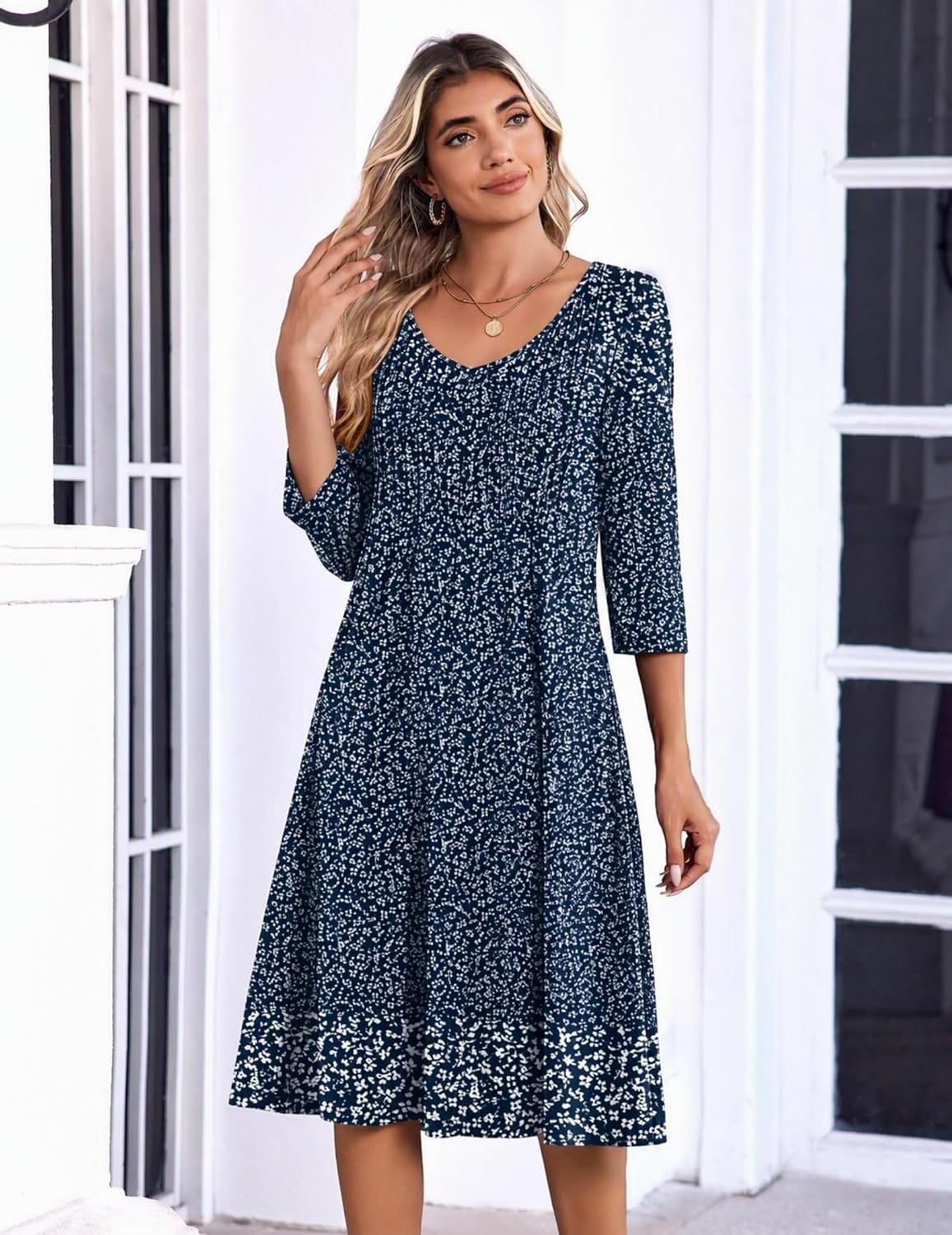 image:imageZeagoo 34 Sleeve Womens Dress Pleated Midi Casual Dresses with PocketsBlue Small Floral