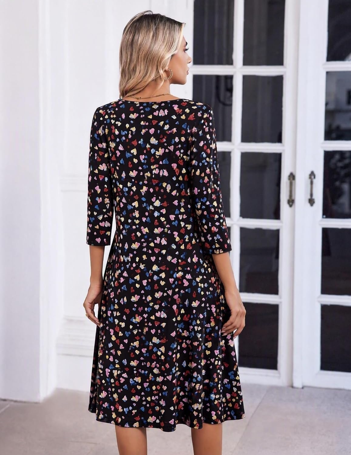 image:imageZeagoo 34 Sleeve Womens Dress Pleated Midi Casual Dresses with PocketsColorful Heart