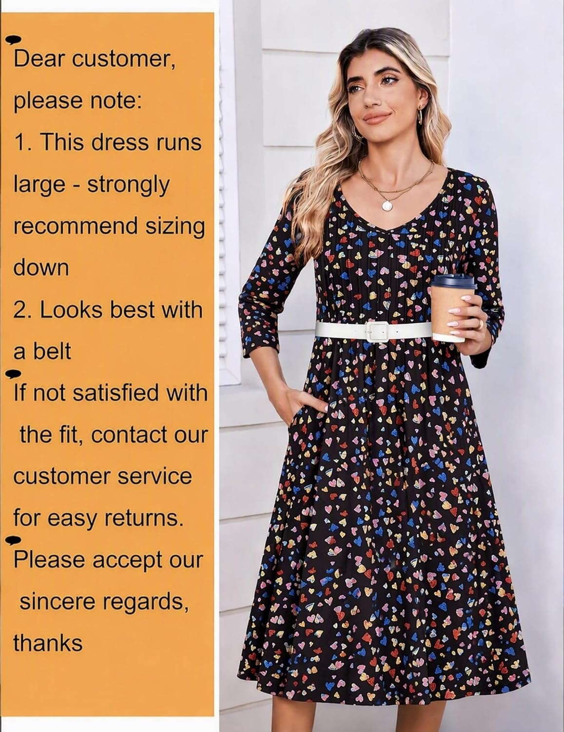 image:imageZeagoo 34 Sleeve Womens Dress Pleated Midi Casual Dresses with PocketsColorful Heart