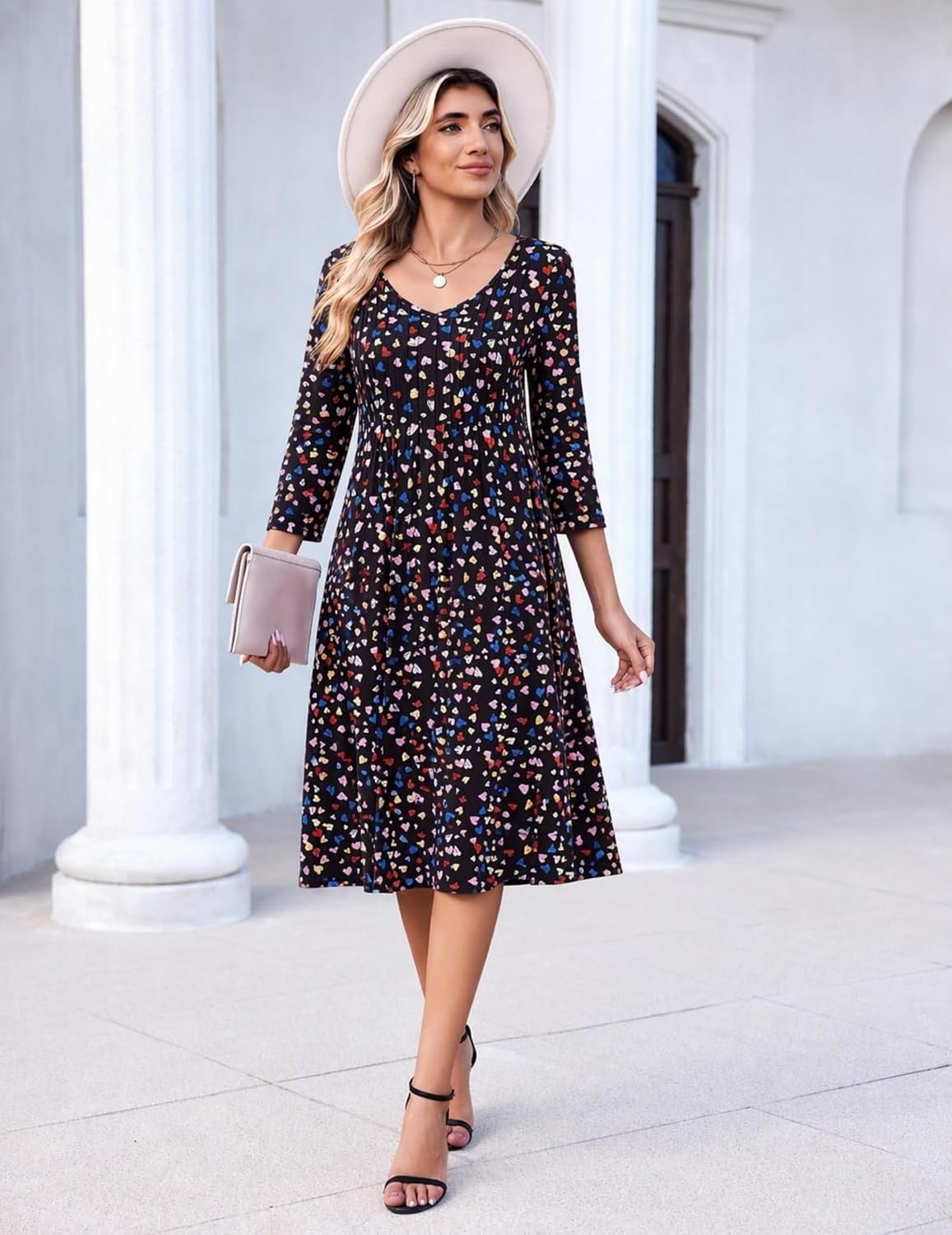 image:imageZeagoo 34 Sleeve Womens Dress Pleated Midi Casual Dresses with PocketsColorful Heart