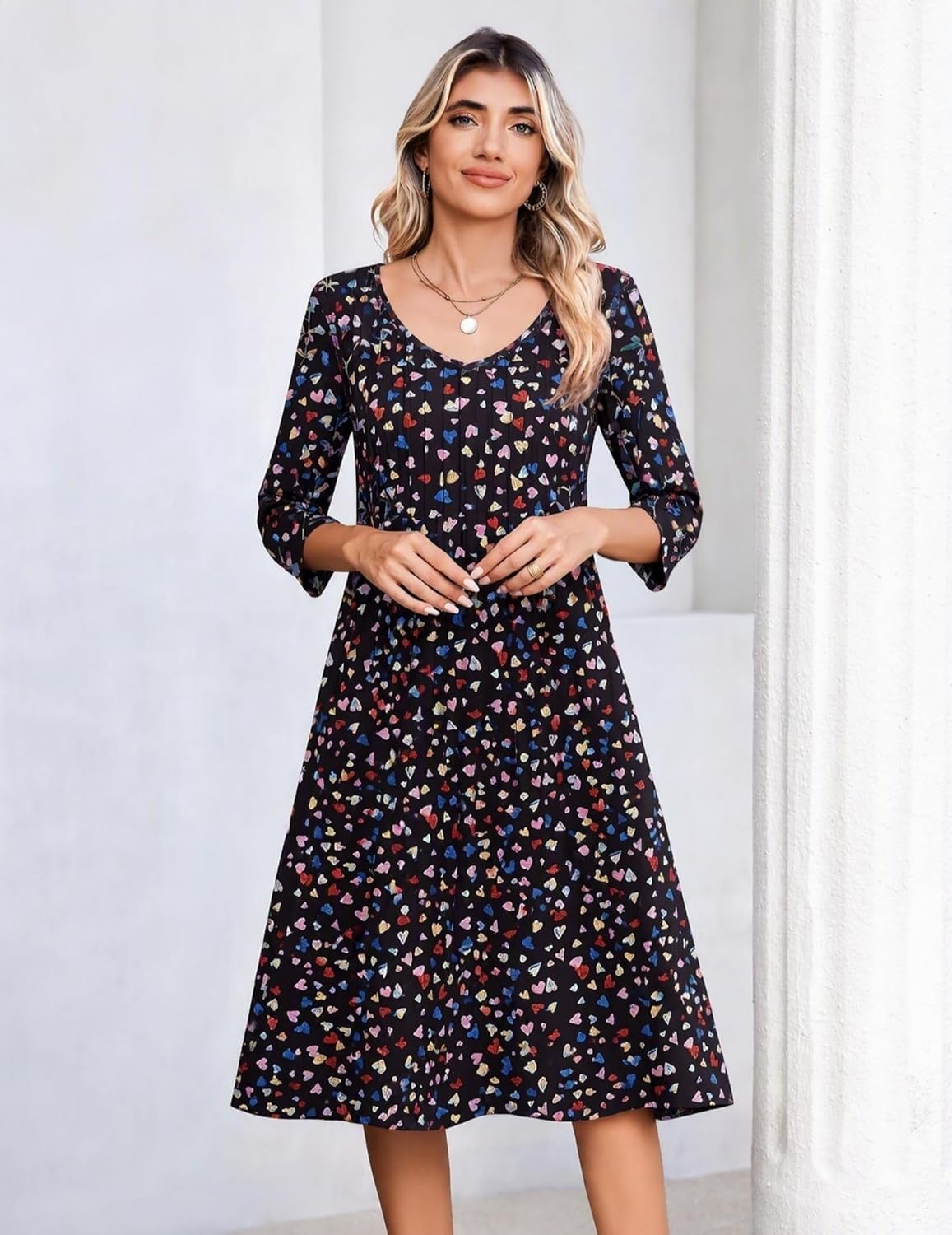image:imageZeagoo 34 Sleeve Womens Dress Pleated Midi Casual Dresses with PocketsColorful Heart