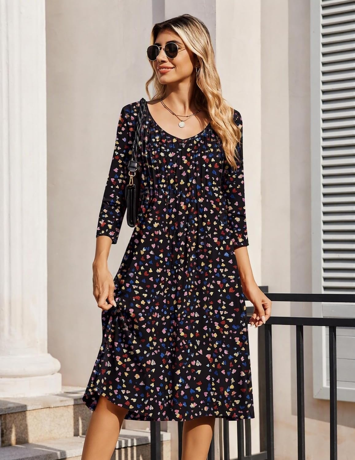 image:imageZeagoo 34 Sleeve Womens Dress Pleated Midi Casual Dresses with PocketsColorful Heart