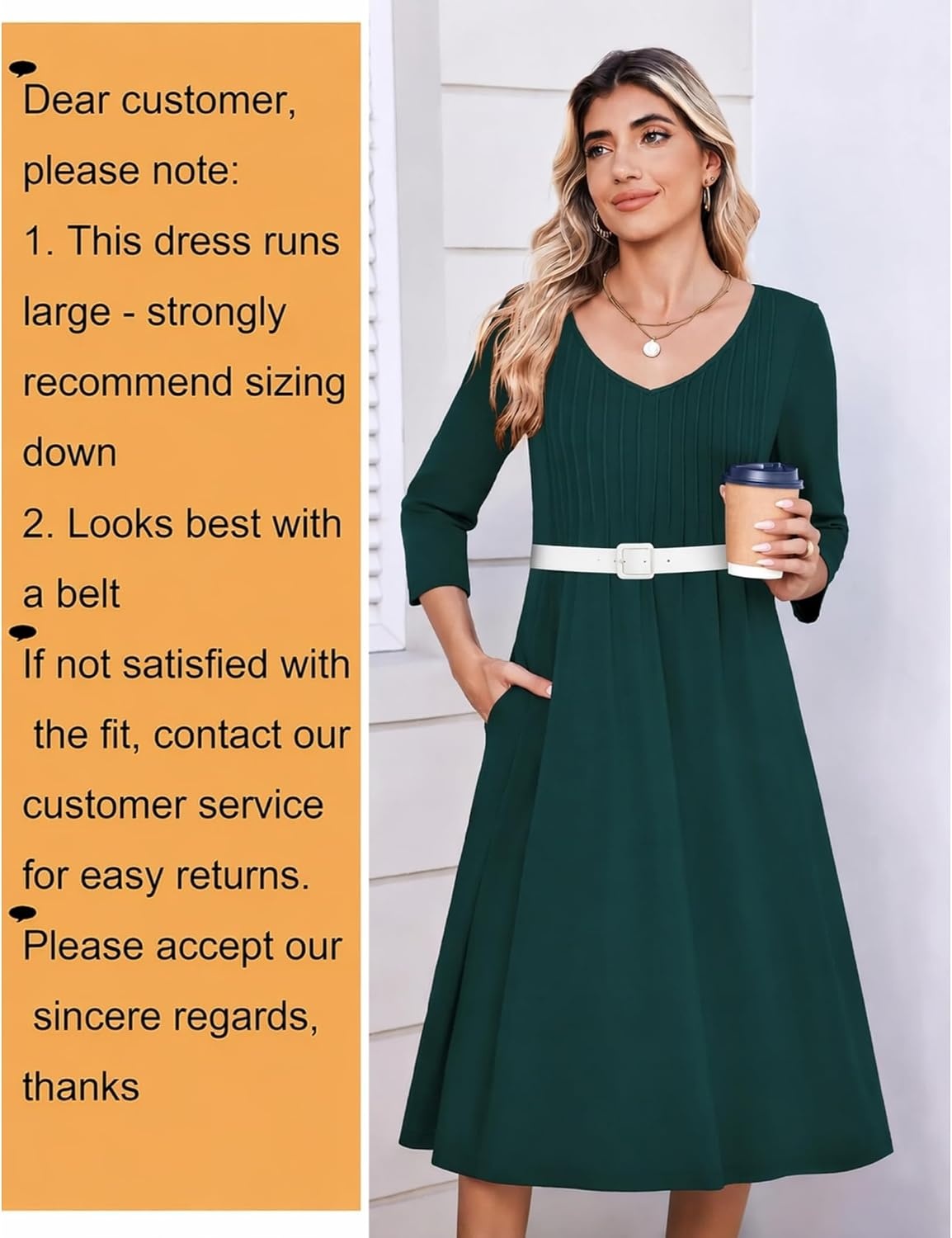 image:imageZeagoo 34 Sleeve Womens Dress Pleated Midi Casual Dresses with PocketsDark Green