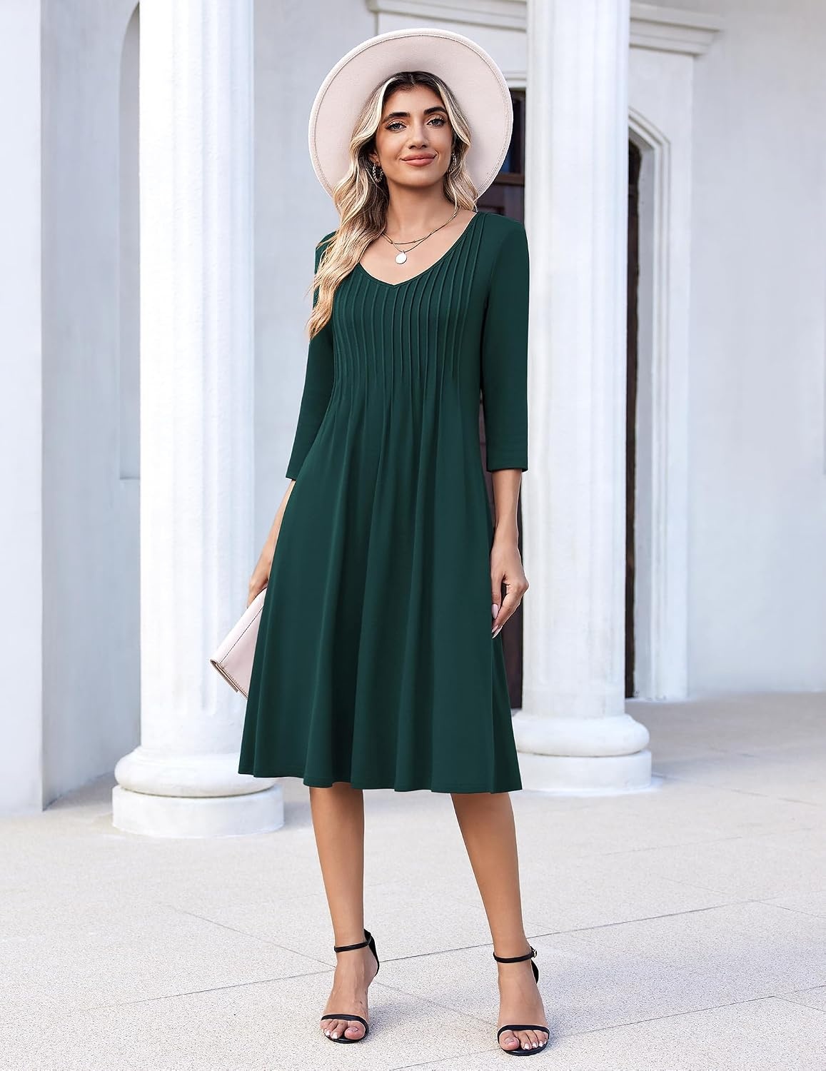 image:imageZeagoo 34 Sleeve Womens Dress Pleated Midi Casual Dresses with PocketsDark Green