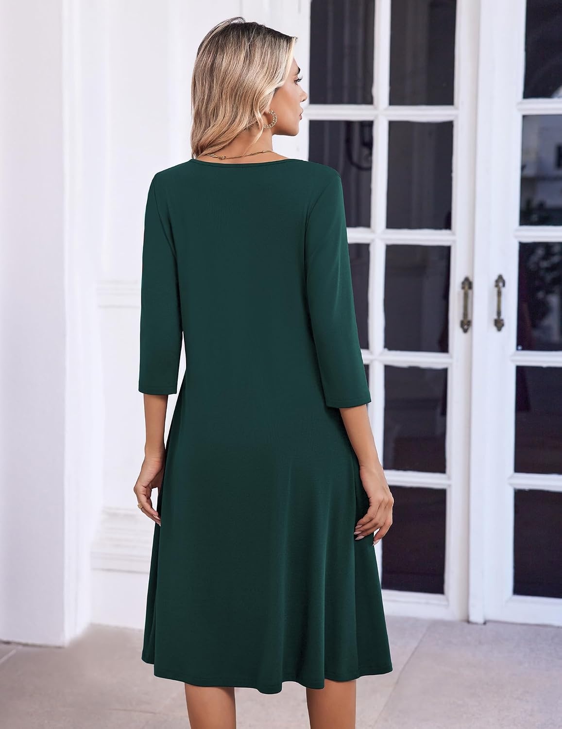 image:imageZeagoo 34 Sleeve Womens Dress Pleated Midi Casual Dresses with PocketsDark Green