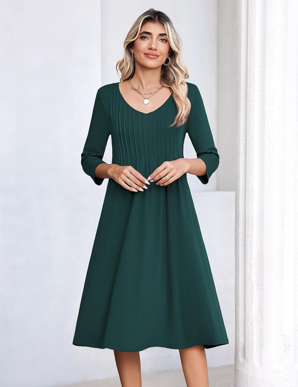 image:imageZeagoo 34 Sleeve Womens Dress Pleated Midi Casual Dresses with PocketsDark Green