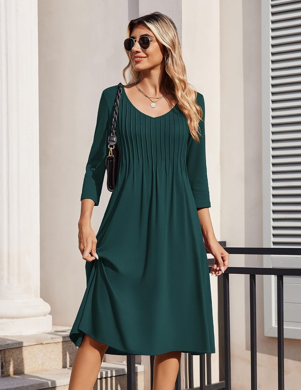 image:imageZeagoo 34 Sleeve Womens Dress Pleated Midi Casual Dresses with PocketsDark Green