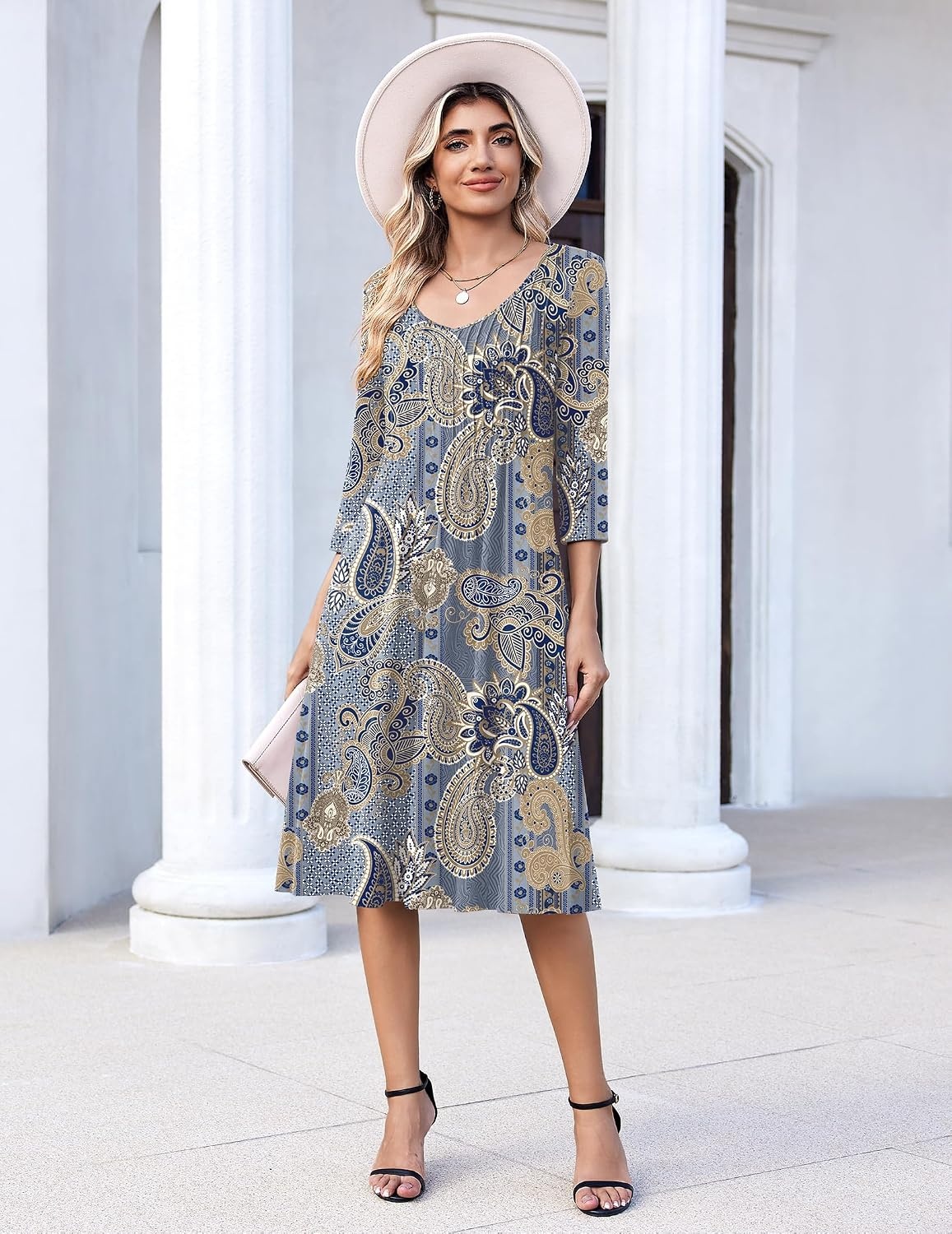 image:imageZeagoo 34 Sleeve Womens Dress Pleated Midi Casual Dresses with PocketsEthnic Blue