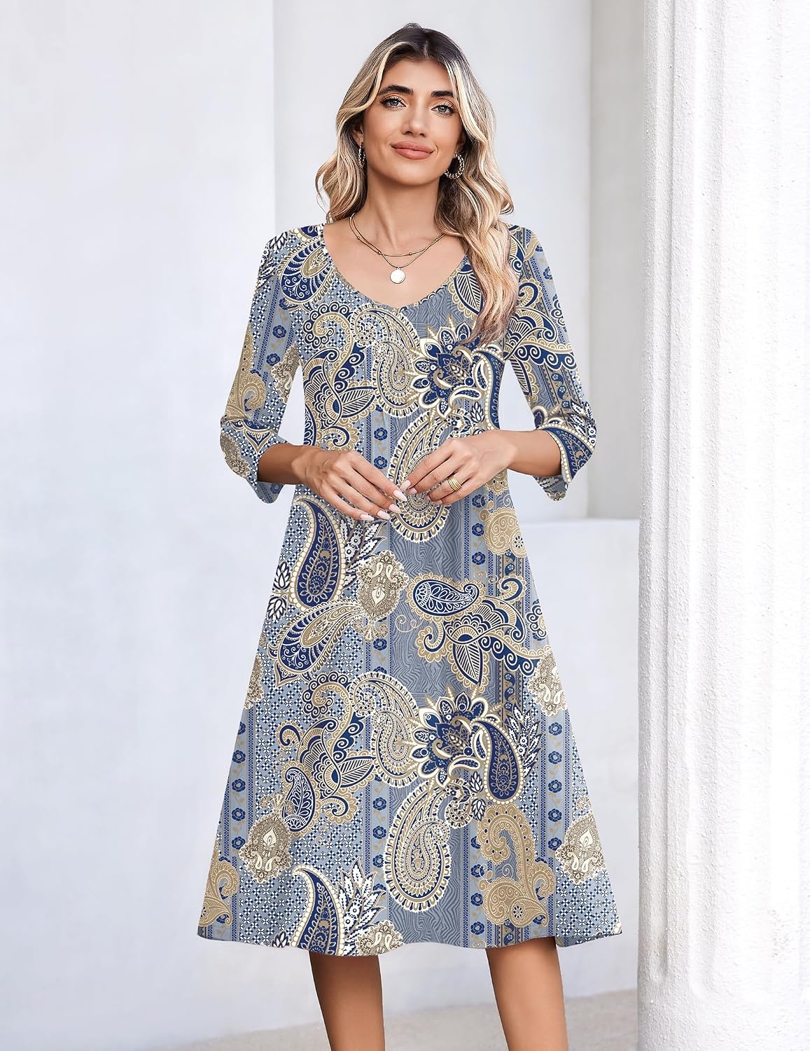 image:imageZeagoo 34 Sleeve Womens Dress Pleated Midi Casual Dresses with PocketsEthnic Blue