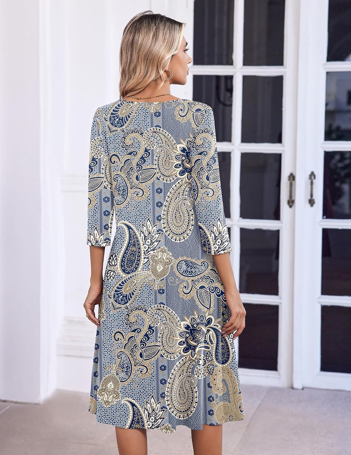 image:imageZeagoo 34 Sleeve Womens Dress Pleated Midi Casual Dresses with PocketsEthnic Blue