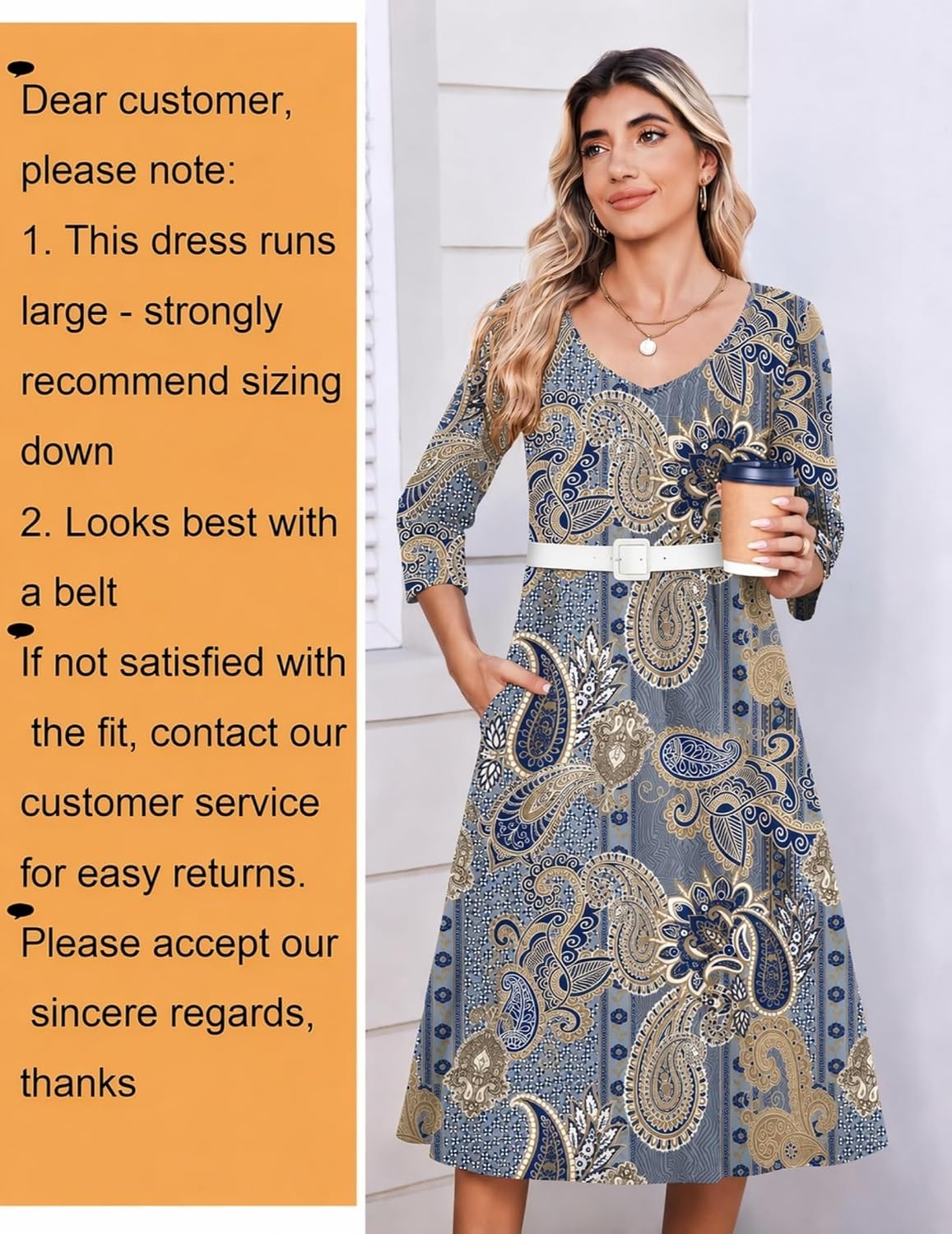 image:imageZeagoo 34 Sleeve Womens Dress Pleated Midi Casual Dresses with PocketsEthnic Blue