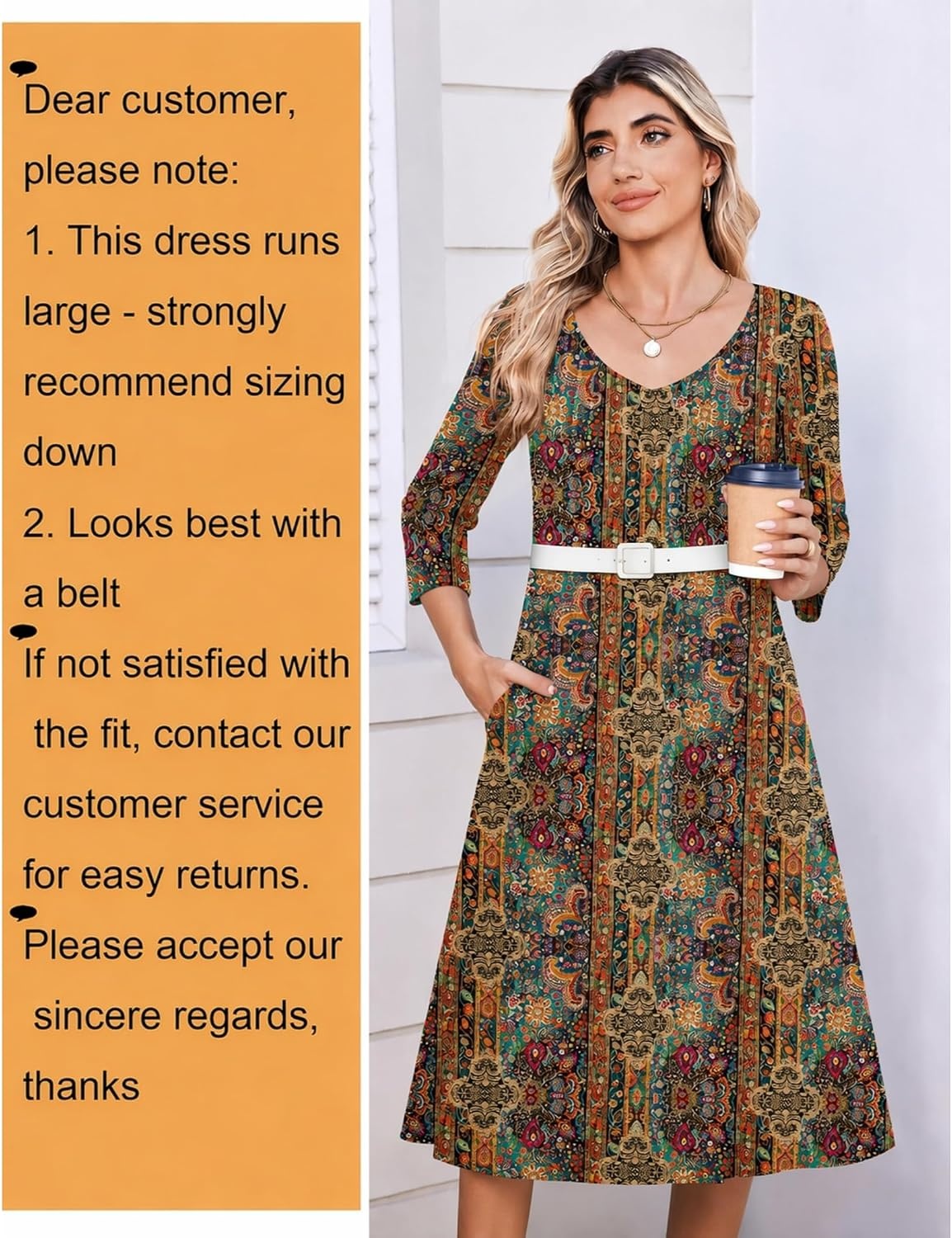 image:imageZeagoo 34 Sleeve Womens Dress Pleated Midi Casual Dresses with PocketsEthnic Prints