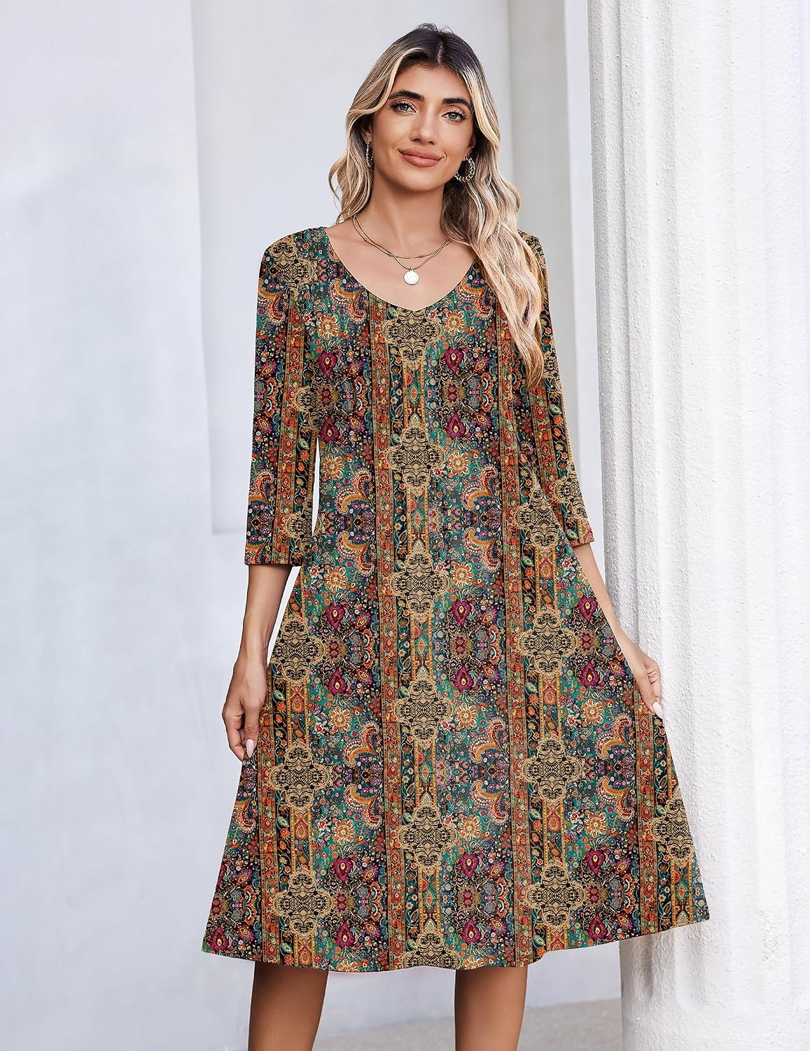 image:imageZeagoo 34 Sleeve Womens Dress Pleated Midi Casual Dresses with PocketsEthnic Prints