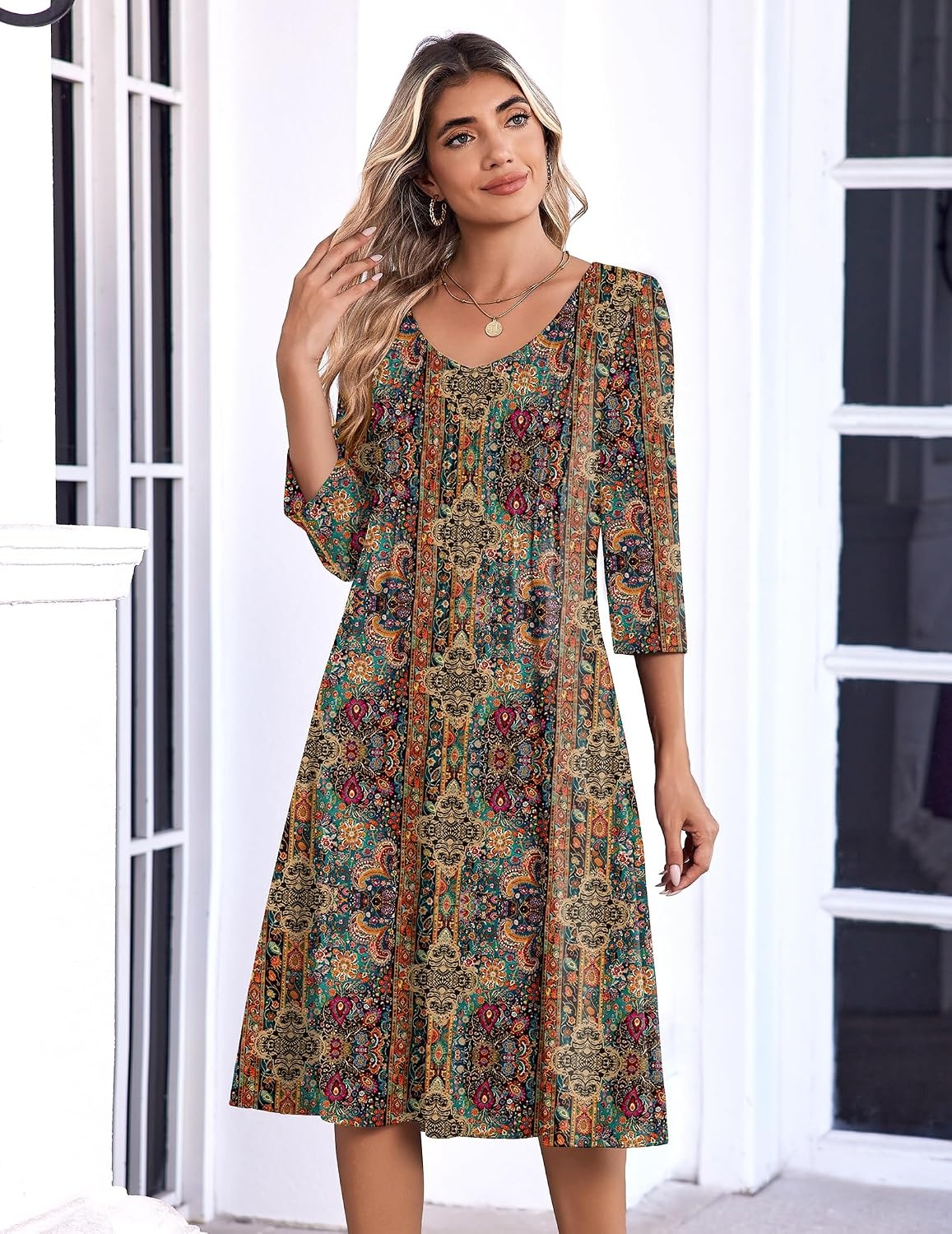 image:imageZeagoo 34 Sleeve Womens Dress Pleated Midi Casual Dresses with PocketsEthnic Prints