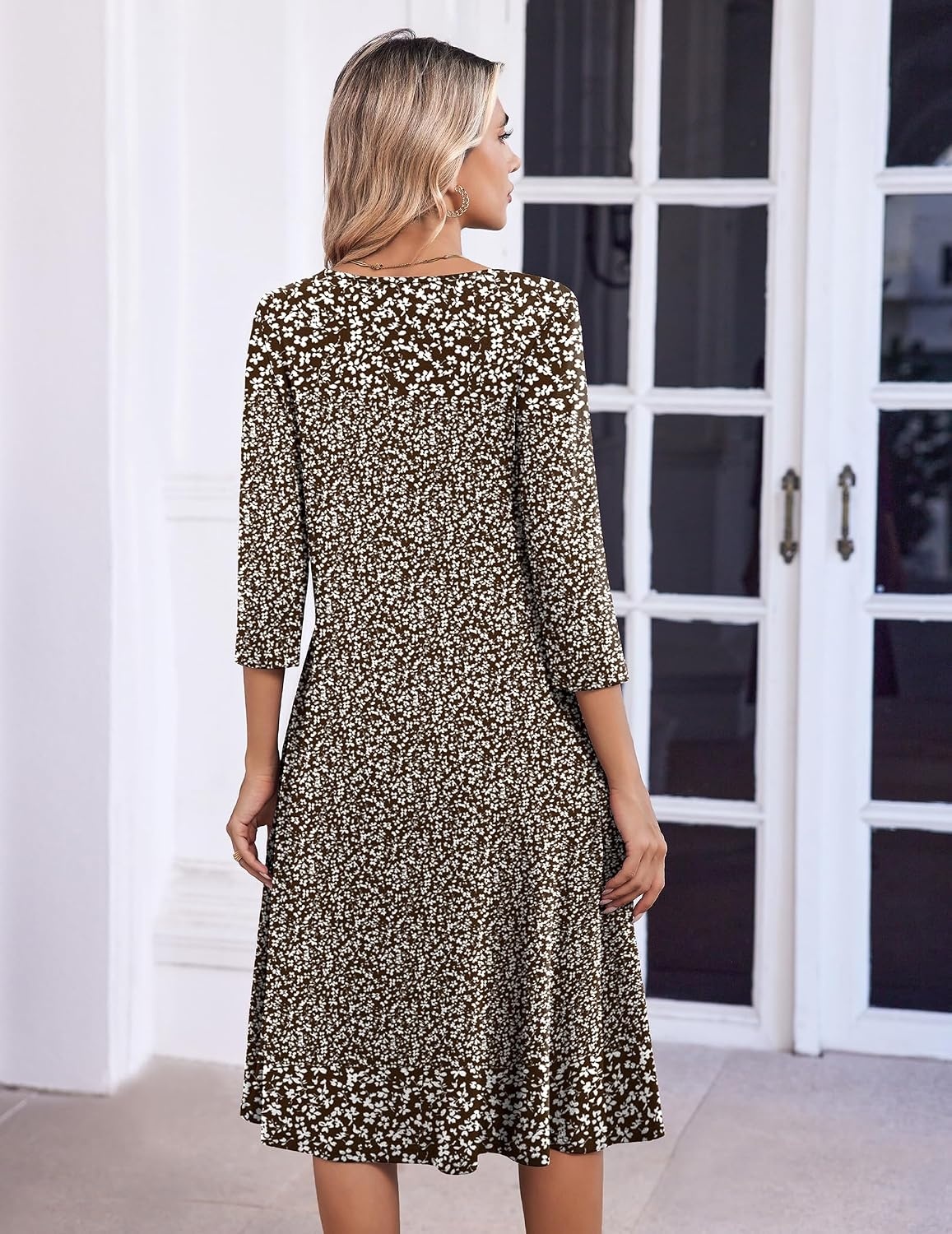 image:imageZeagoo 34 Sleeve Womens Dress Pleated Midi Casual Dresses with PocketsFloral Brown