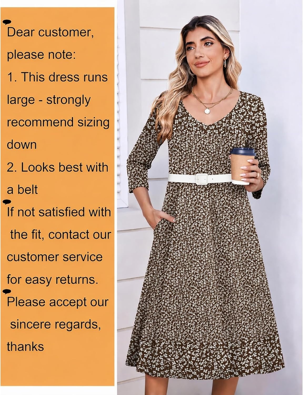 image:imageZeagoo 34 Sleeve Womens Dress Pleated Midi Casual Dresses with PocketsFloral Brown