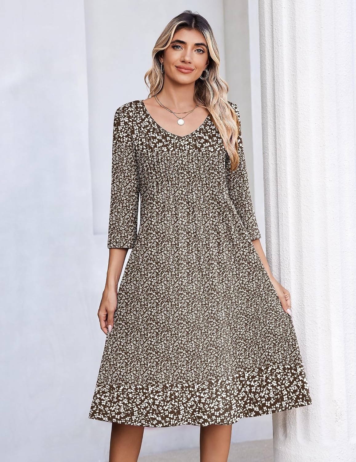 image:imageZeagoo 34 Sleeve Womens Dress Pleated Midi Casual Dresses with PocketsFloral Brown