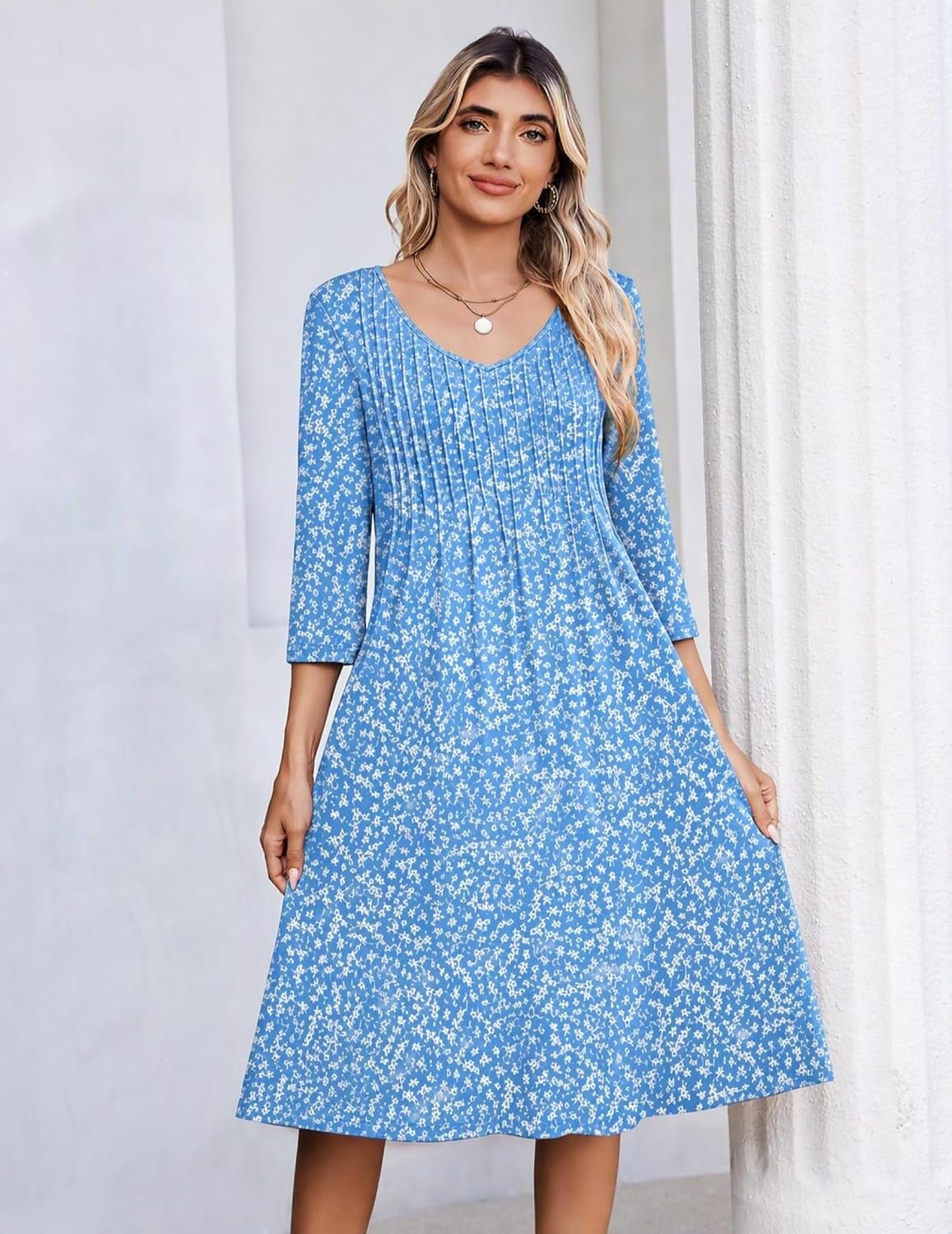 image:imageZeagoo 34 Sleeve Womens Dress Pleated Midi Casual Dresses with PocketsFlorallight Blue