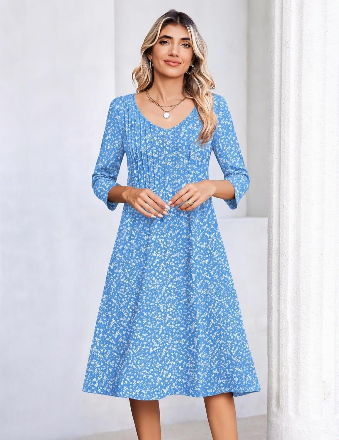 image:imageZeagoo 34 Sleeve Womens Dress Pleated Midi Casual Dresses with PocketsFlorallight Blue