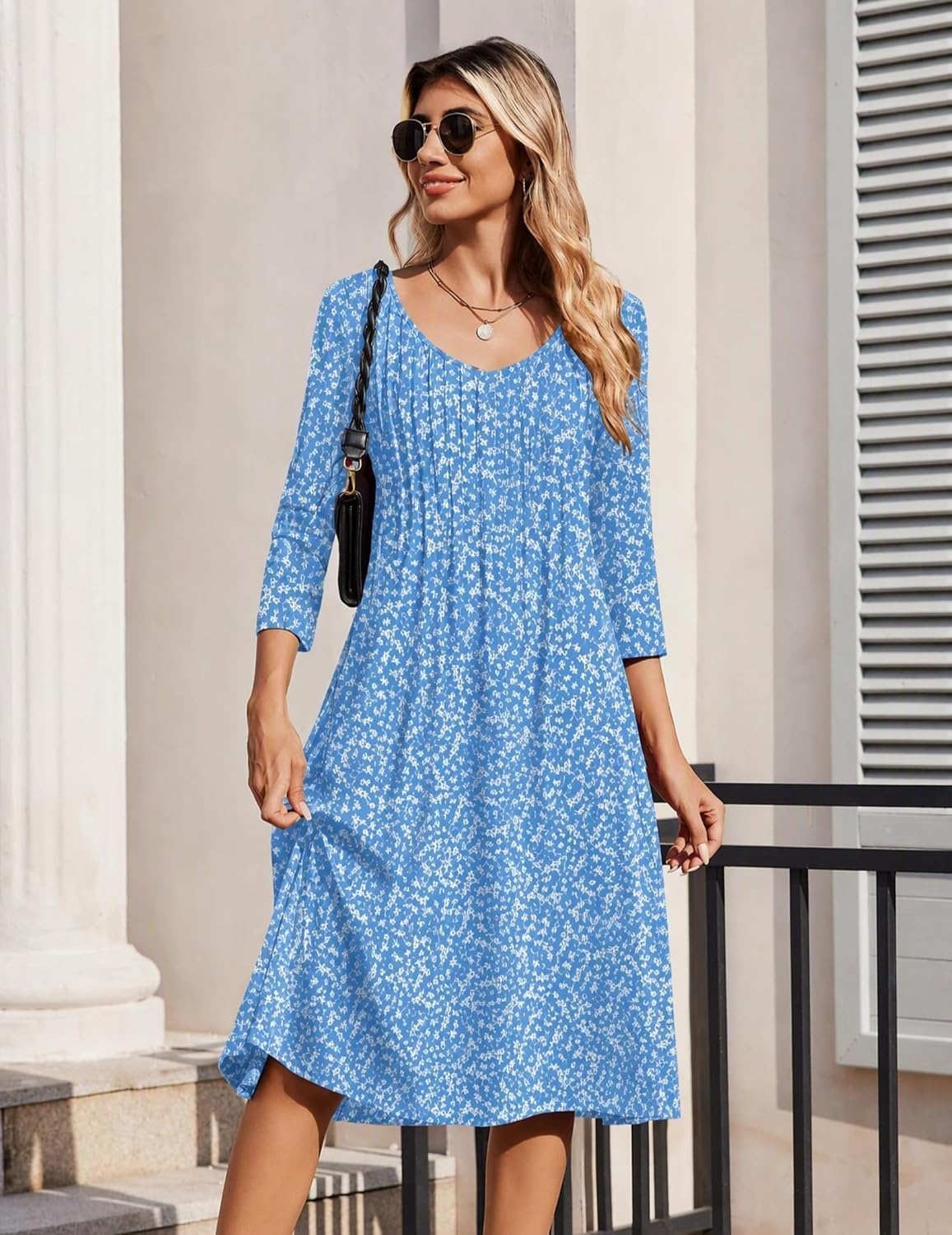 image:imageZeagoo 34 Sleeve Womens Dress Pleated Midi Casual Dresses with PocketsFlorallight Blue