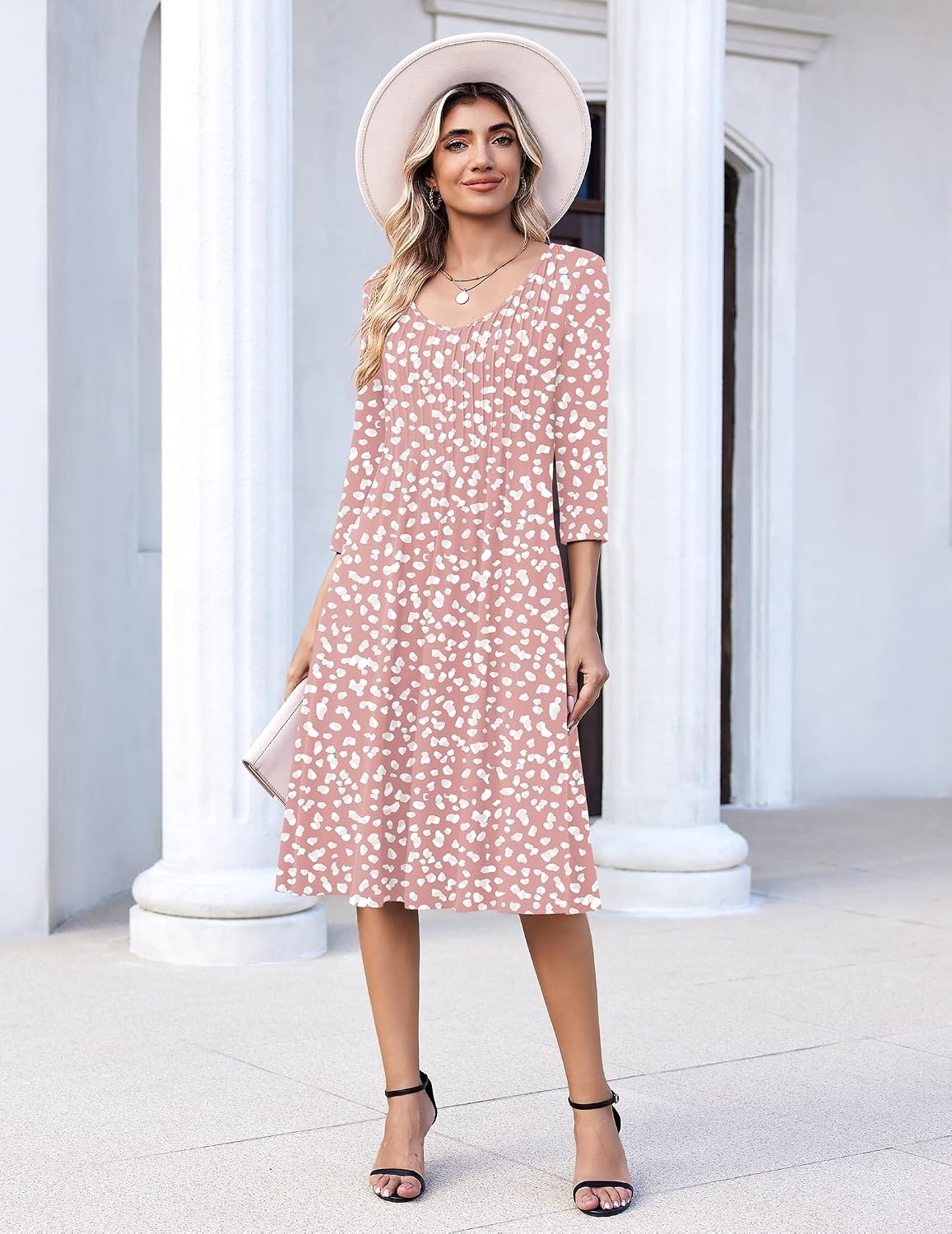 image:imageZeagoo 34 Sleeve Womens Dress Pleated Midi Casual Dresses with PocketsPink White