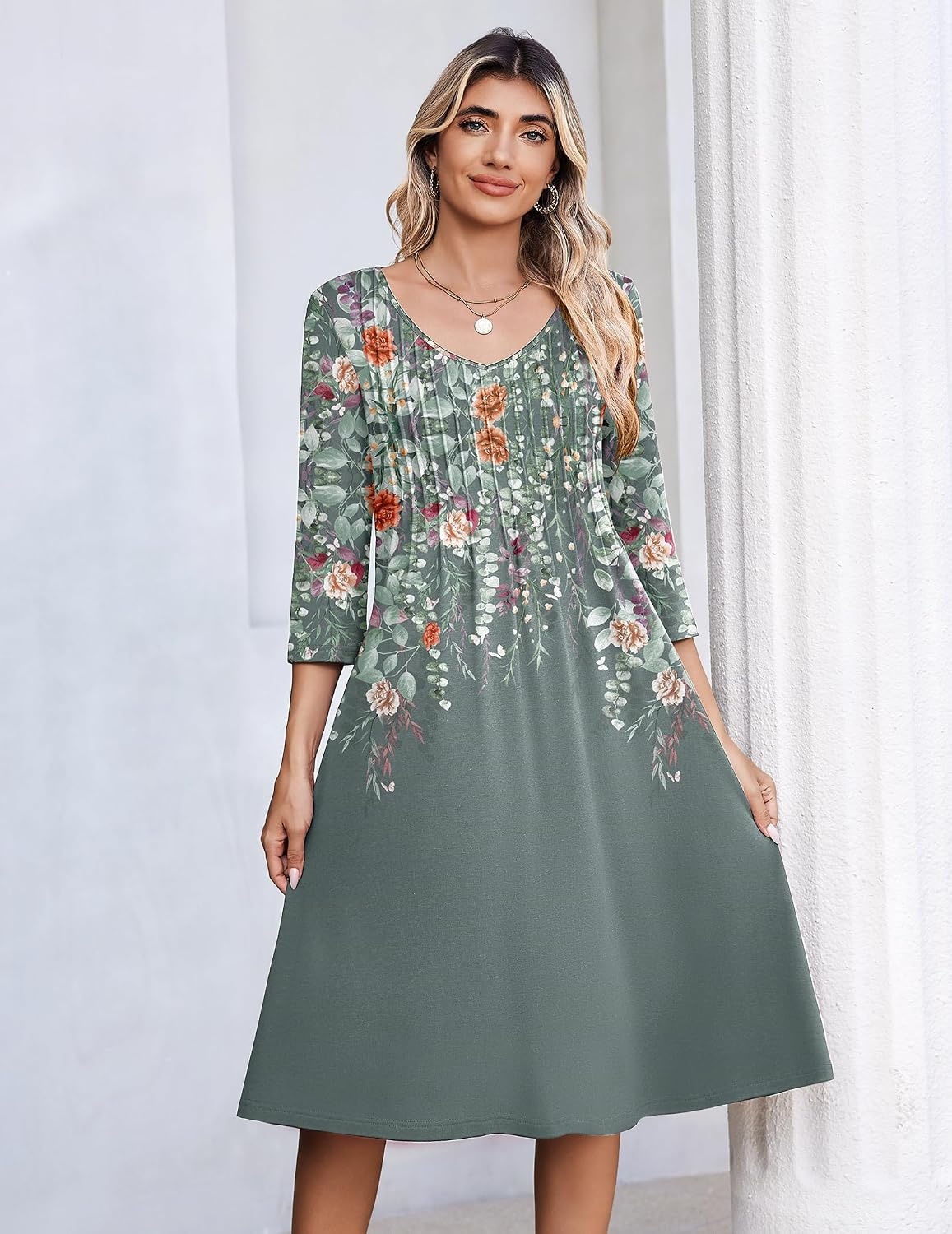 image:imageZeagoo 34 Sleeve Womens Dress Pleated Midi Casual Dresses with PocketsPlants Gray