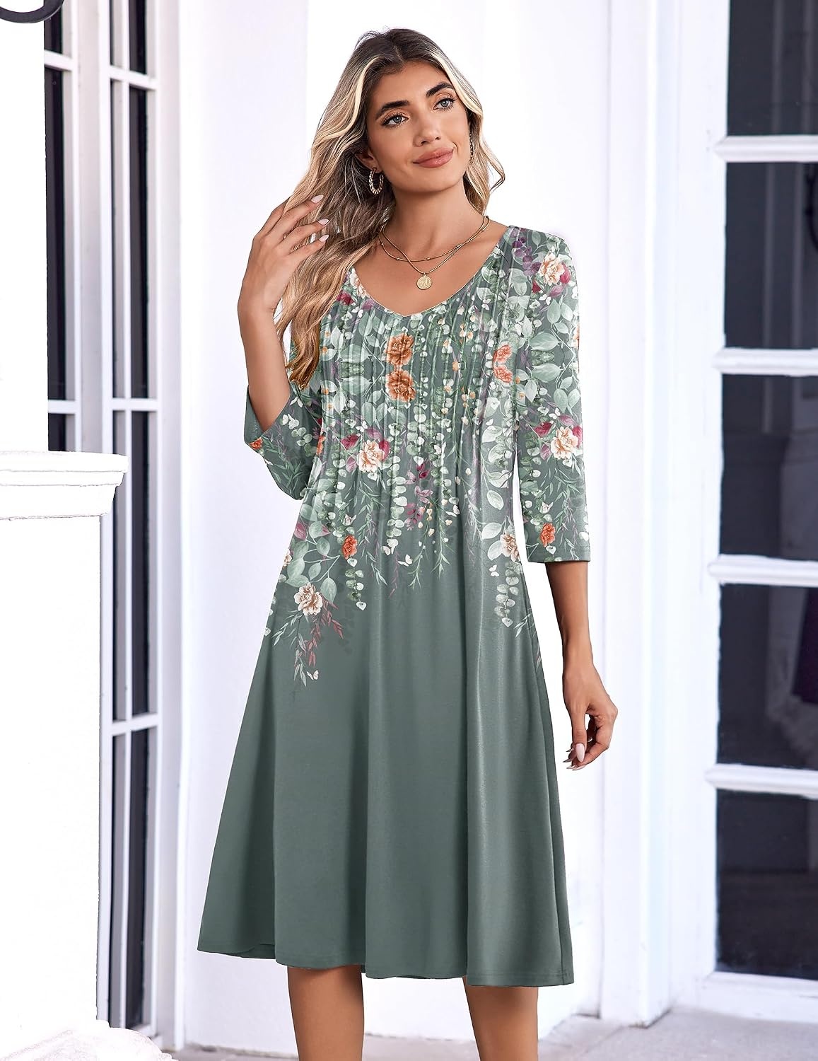 image:imageZeagoo 34 Sleeve Womens Dress Pleated Midi Casual Dresses with PocketsPlants Gray