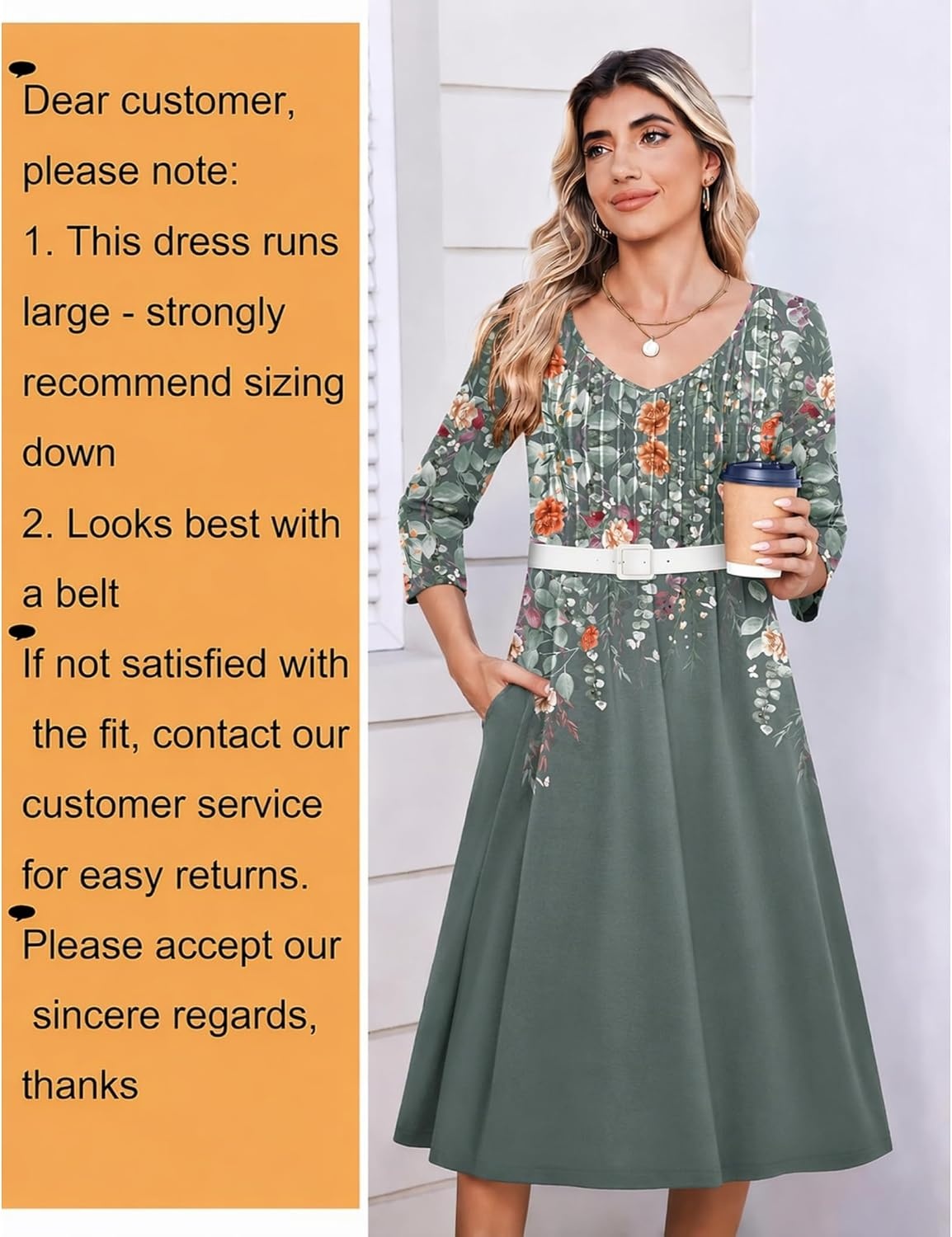 image:imageZeagoo 34 Sleeve Womens Dress Pleated Midi Casual Dresses with PocketsPlants Gray